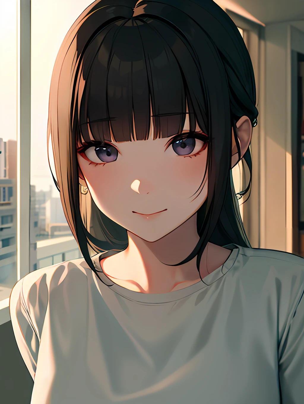 1人、White shirt、a matural female、Blunt bangs、the bow、a picture、realisticlying、top-quality、adopt、A detailed face、s Office、Building from the window、细致背景、diffuse sunlight、depth of fields、Bokeh
