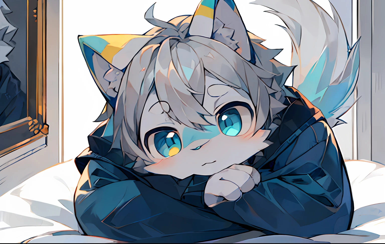 Bright eyes, character bust photo, Q version, avatar frame, character focus, solo, furry, furry male cat, male yellow-white fur, blue eyes, gray hair (long) loli style, little cute, will sell cute, wearing blue clothes and pants, has a tail