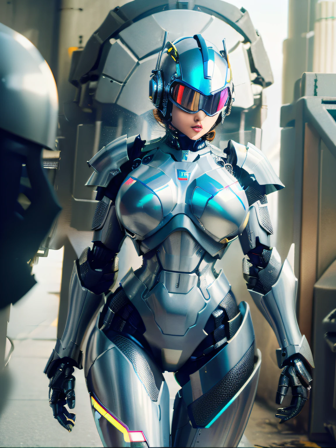 One Woman Robocop、Combat Robots、Armor that completely covers the whole body、very large breast-shaped chest armor,,、Helmet to hide your eyes、Iridescent shiny armor、Armor that completely covers the chest,,、Slender and long legs、Vibrant poses、full-body view