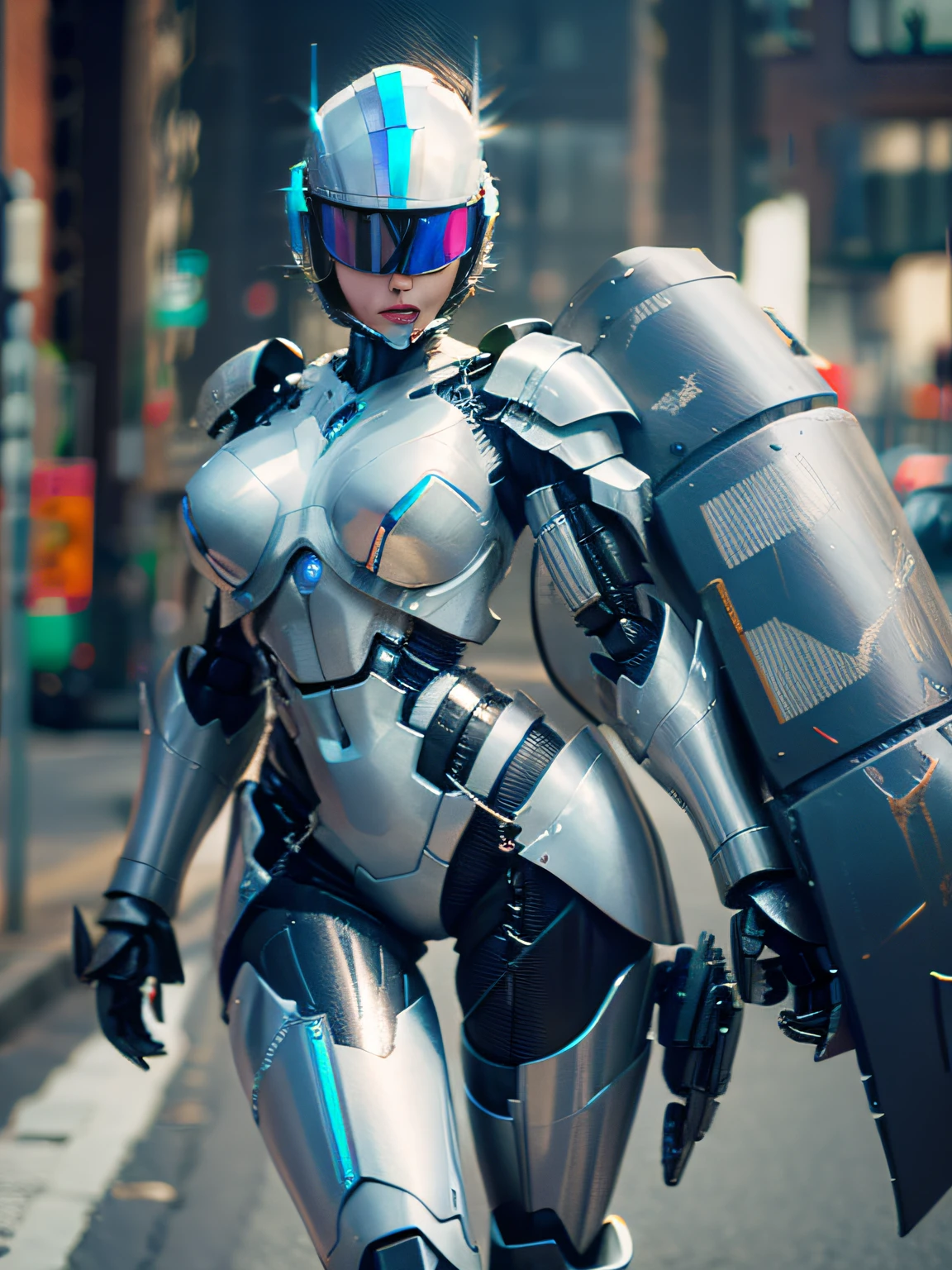 One Woman Robocop、Combat Robots、Armor that completely covers the whole body、very large breast-shaped chest armor,,、Helmet to hide your eyes、Iridescent shiny armor、Armor that completely covers the chest,,、Slender and long legs、Vibrant poses、full-body view