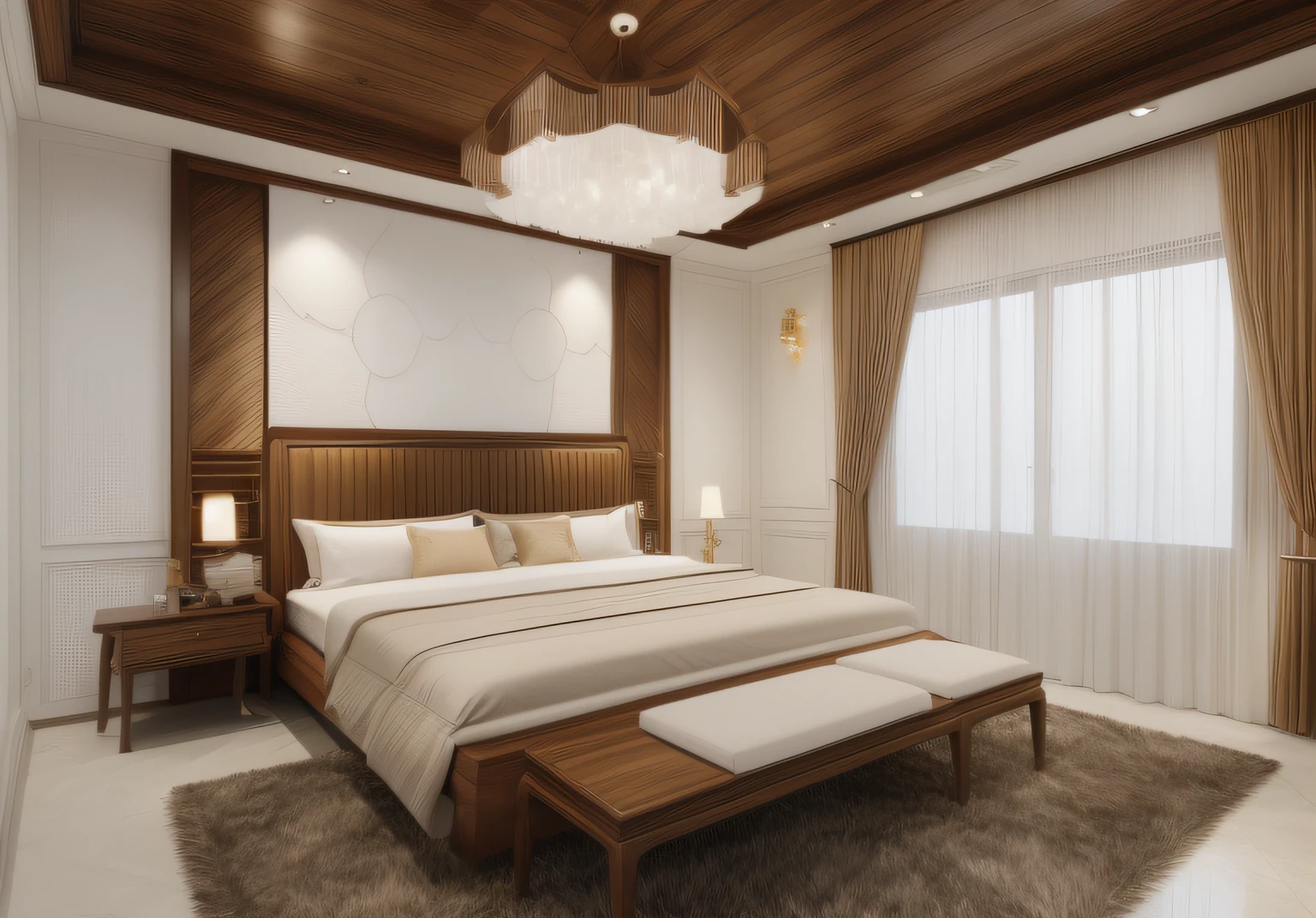 ((masterpiece,best quality,highres,sharp forcus)) (((detail forcus))) , (bedroom in style of neoclassic style) (( forcus on small detail) (8K) , clear , ((Super sharp, super clear, clear details)) (glossy walnut wooden furniture), white moulding wall in neoclassic style , warm tone , daylight ,(8k) ( super detail) , curtain and window, fur carpet, wooden floor ,white plaster ceiling