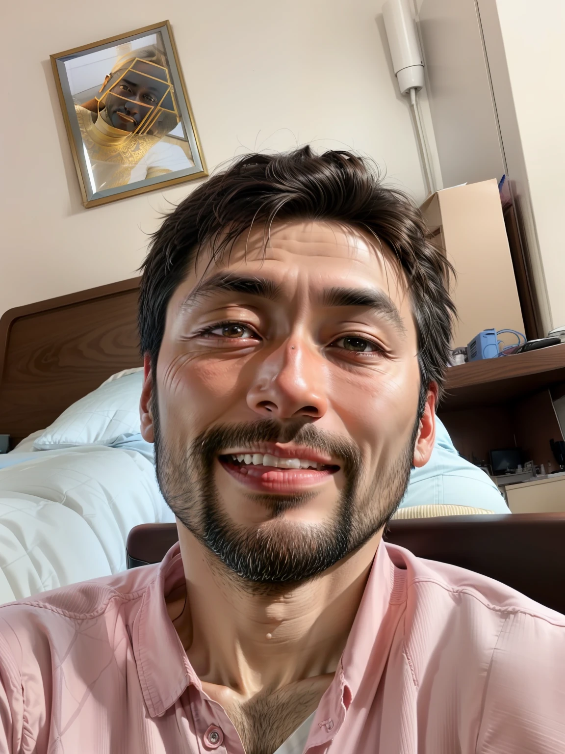 The Alafed man in a pink shirt sits in a chair in the bedroom, (38 years old), 3 6 years old, 38 years old, 3 2 - year - old, 4 0 years old man, 2 7 years old, 2 9 years old, 2 8 years old, 3 5 years old, 35 years old, 3 2 - year - old