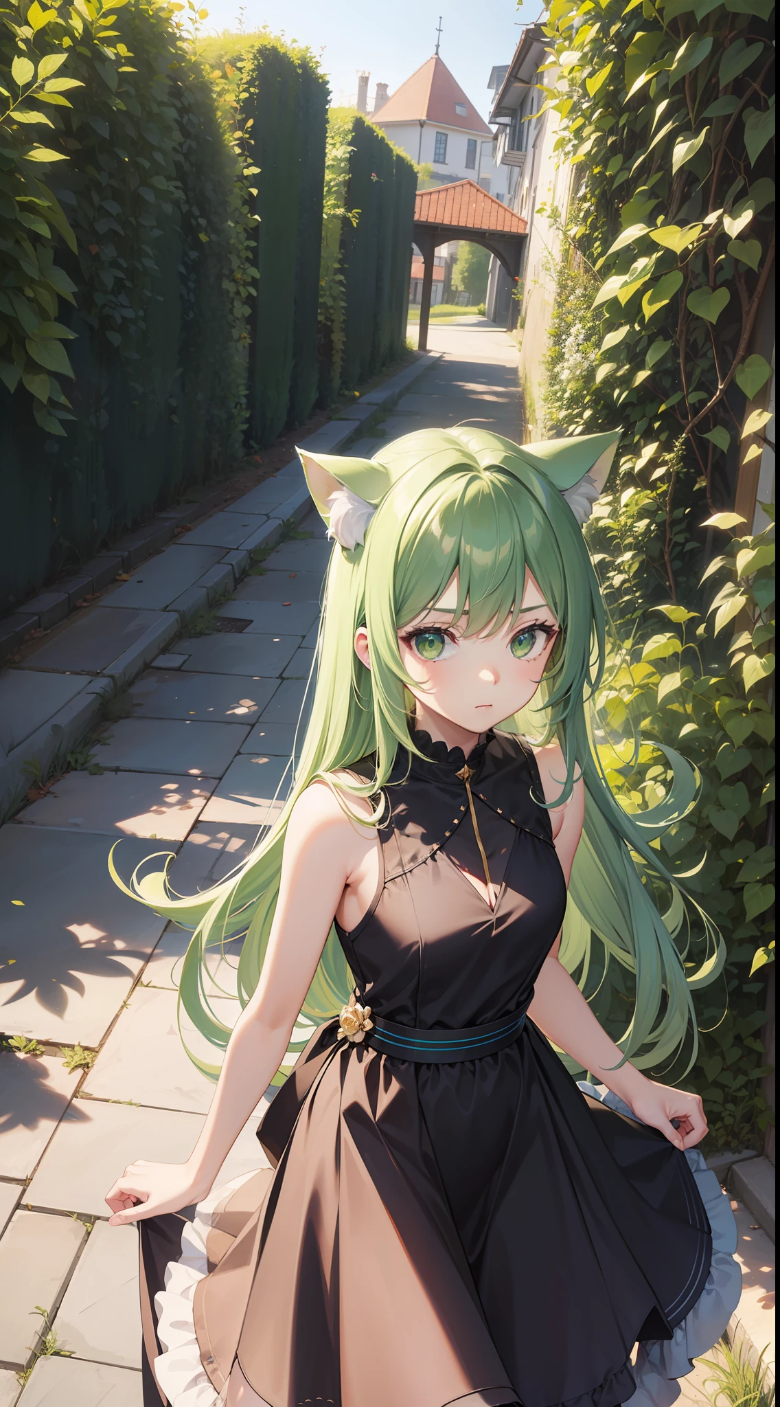 young girl, long green hair, cat ears, Green eyes, Rich sleeveless dress, Bow, A serious look, Masterpiece, hiquality