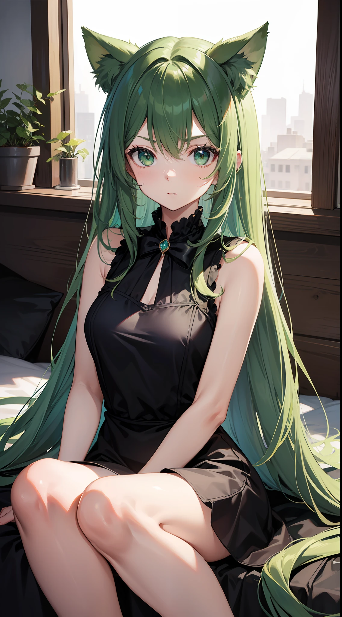 young girl, long green hair, cat ears, Green eyes, Rich sleeveless dress, Bow, A serious look, Masterpiece, hiquality