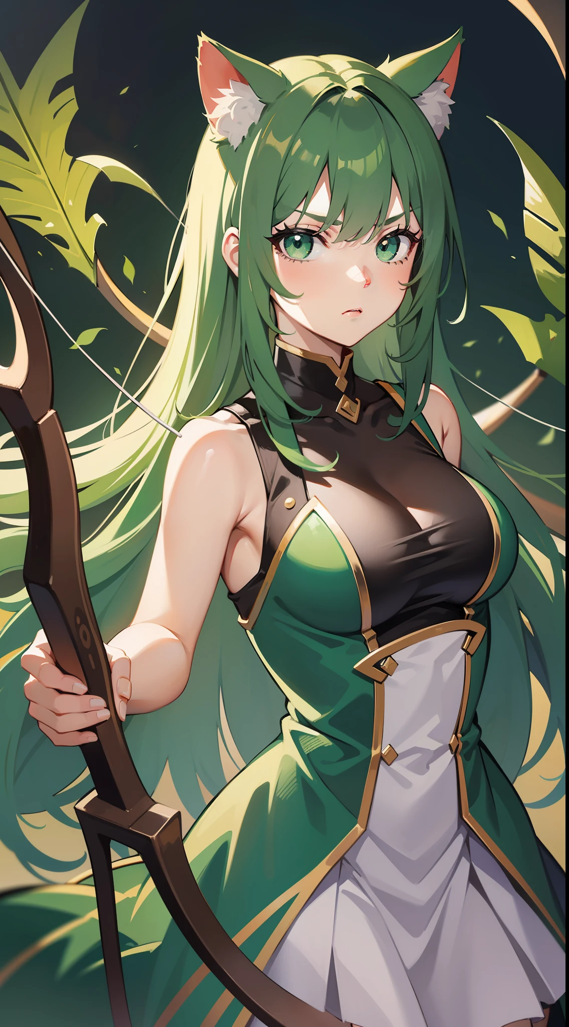 young girl, long green hair, cat ears, Green eyes, Rich sleeveless dress, Bow and arrow, A serious look, Masterpiece, hiquality