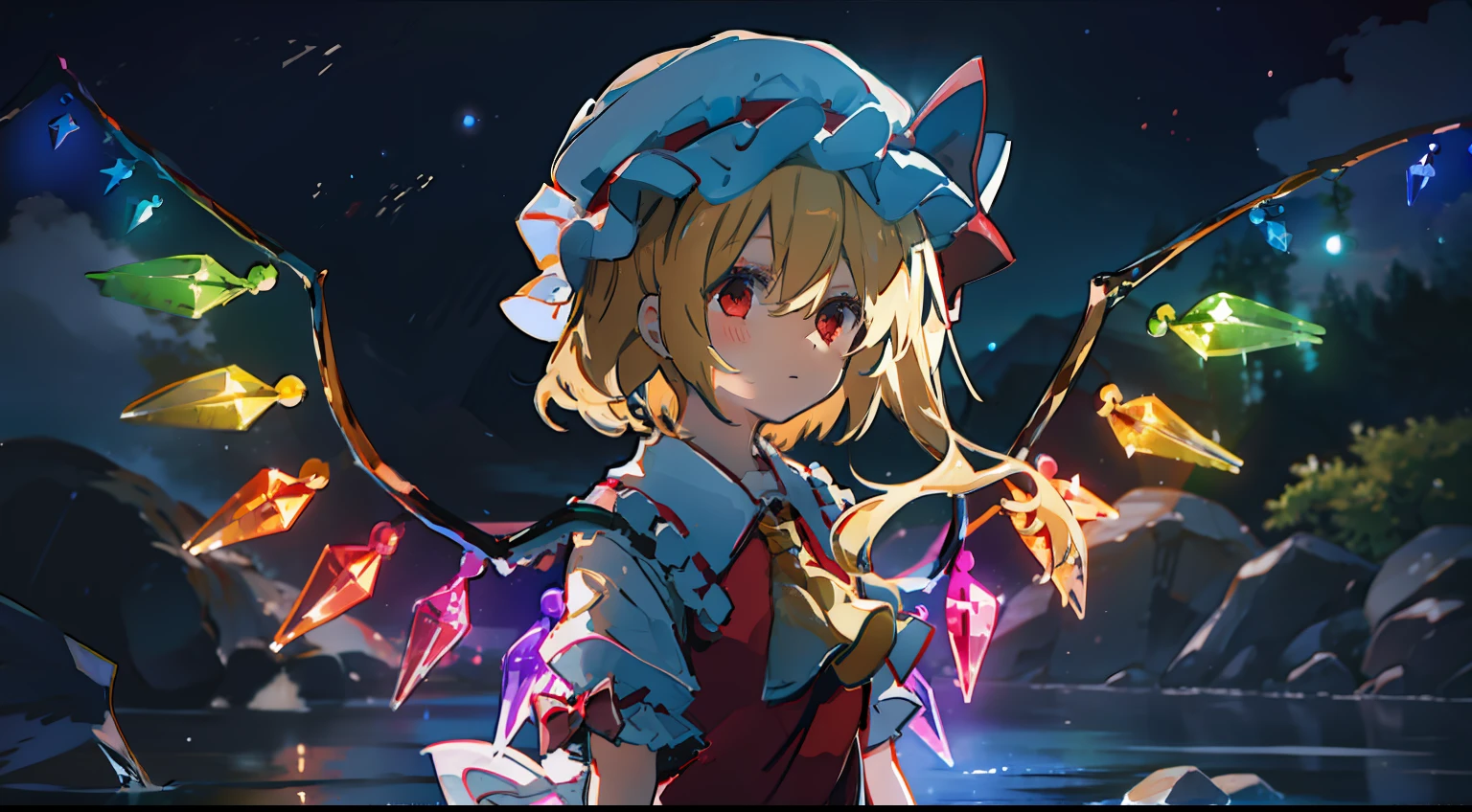 flandre scarlet
1girl,blonde hair,mob cap,hair bow,bowtie,side ponytail,wings,short sleeves,vest,ascot,​masterpiece、Top image quality、top-quality、cute little、elementary student、a river、playing in the water、natta、starrysky