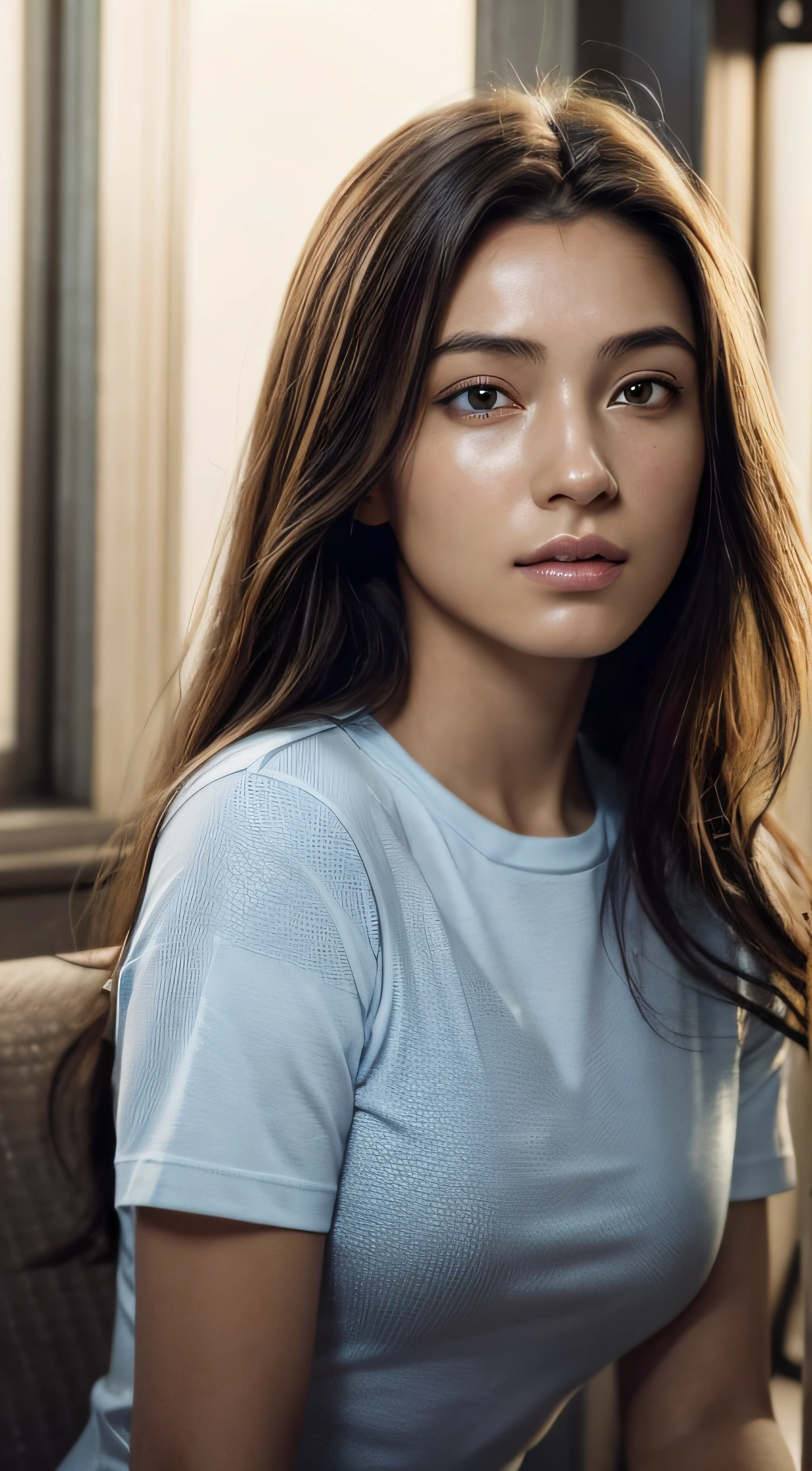 dressed, (photo realistic:1.4), (hyper realistic:1.4), (realistic:1.3), (smoother lighting:1.05), (increase cinematic lighting quality:0.9), 32K, 1girl,20yo girl, realistic lighting, backlighting, light on face, ray trace, (brightening light:1.2), (Increase quality:1.4), (best quality real texture skin:1.4), finely detailed eyes, finely detailed face, finely quality eyes, (tired and sleepy and satisfied:0.0), face closeup, t-shirts, (Increase body line mood:1.1), (Increase skin texture beauty:1.1)