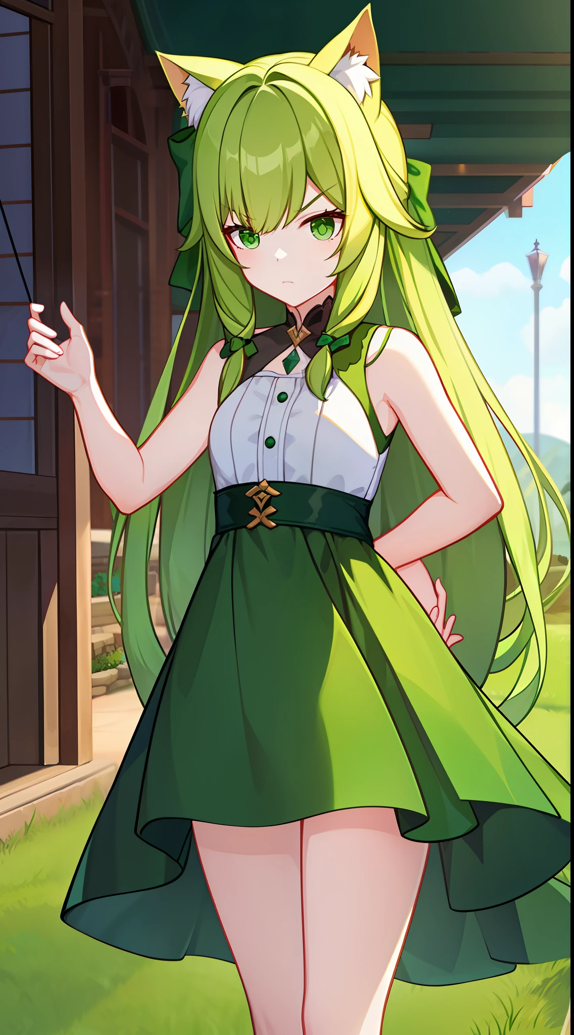 young girl, long green hair, cat ears, Green eyes, Rich sleeveless dress, Bow and arrow, A serious look, Masterpiece, hiquality