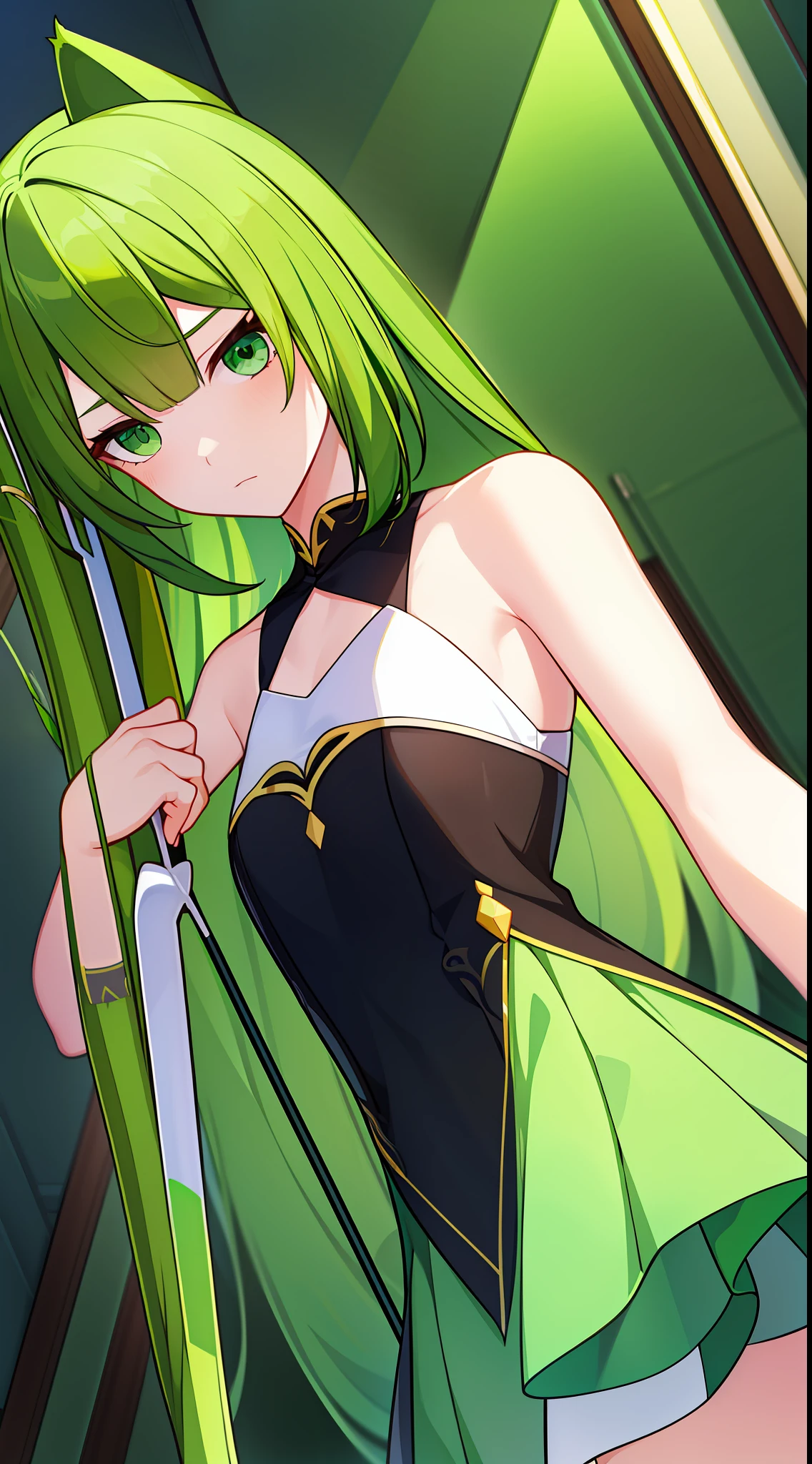 young girl, long green hair, cat ears, Green eyes, Rich sleeveless dress, Bow and arrow, A serious look, Masterpiece, hiquality
