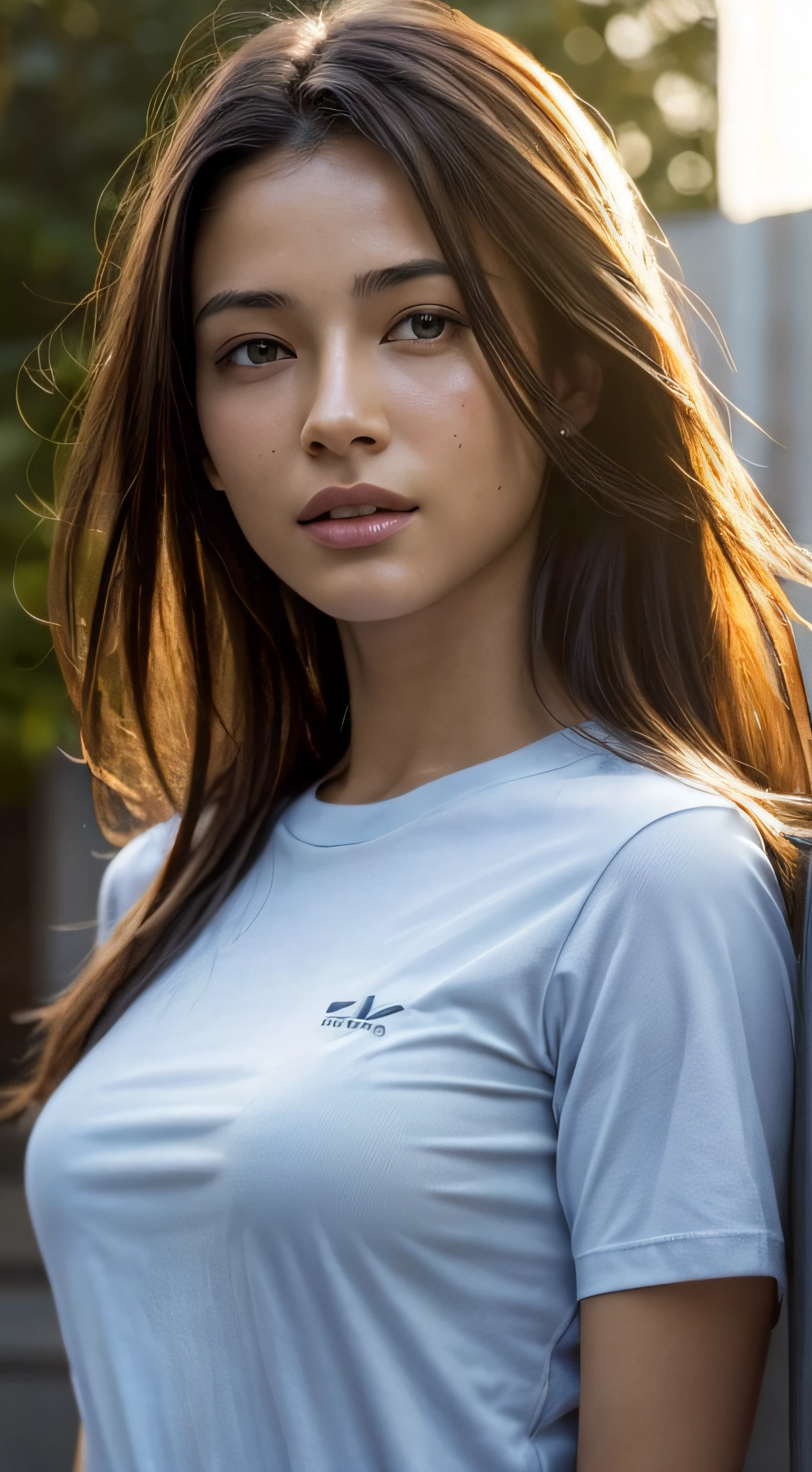 dressed, (photo realistic:1.4), (hyper realistic:1.4), (realistic:1.3), (smoother lighting:1.05), (increase cinematic lighting quality:0.9), 32K, 1girl,20yo girl, realistic lighting, backlighting, light on face, ray trace, (brightening light:1.2), (Increase quality:1.4), (best quality real texture skin:1.4), finely detailed eyes, finely detailed face, finely quality eyes, (tired and sleepy and satisfied:0.0), face closeup, t-shirts, (Increase body line mood:1.1), (Increase skin texture beauty:1.1)