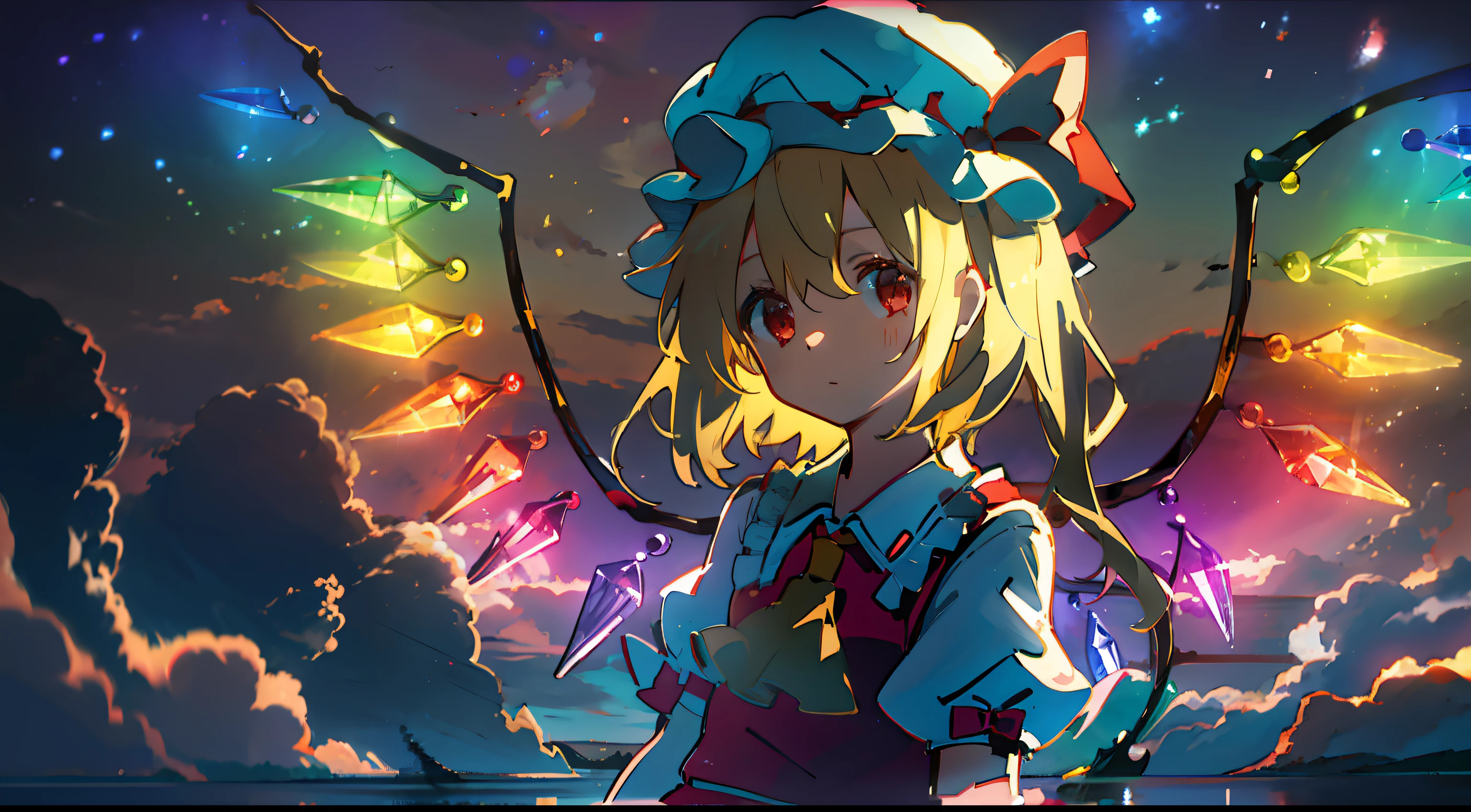 flandre scarlet
1girl,blonde hair,mob cap,hair bow,bowtie,side ponytail,wings,short sleeves,vest,ascot,​masterpiece、Top image quality、top-quality、cute little、、a river、playing in the water、natta、starrysky