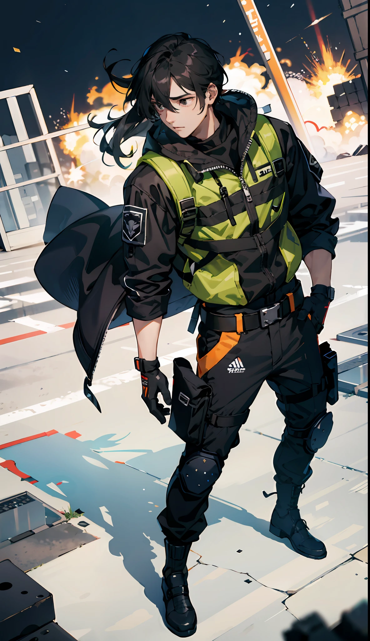 masterpiece, top quality, best quality, simple lines, male, teen man, young man, man of 16, extreme detailed, colorful,highest detailed, black hair, long hair, wavy hair, black eyes, destroyed city, backpack, wind, protective clothing, zombie apocalypse, full body, tech wear, muscular, military gloves, black mask on face, fixed eyes, black clothing, lifeless eyes, explosion in background
