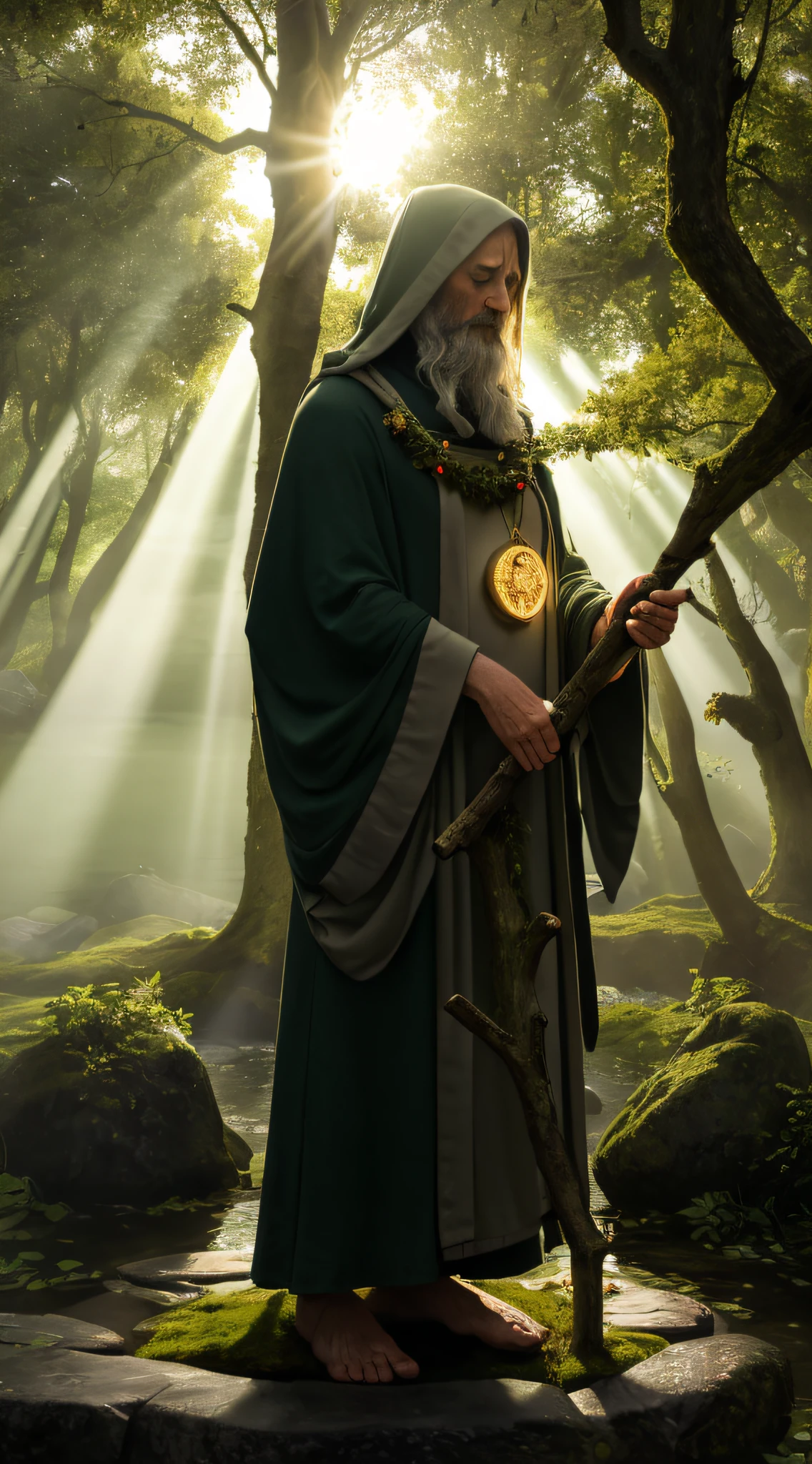 ((masterpiece)), ((best quality)), 8k, high detailed, ultra-detailed,
A hermit dressed in Druid attire, immersed in the connection between nature and ancient beliefs.
Hermit, ((Druid costume)), surrounded by towering oak trees, holding a staff adorned with mystical symbols, meditating in a stone circle, with rays of moonlight casting a hauntingly beautiful silhouette.
