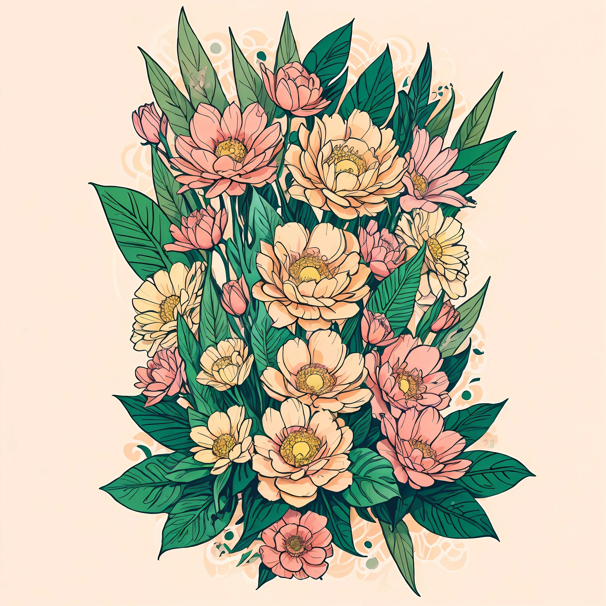 florals,Printing,Soft beige,pastel pink,Tropical plants,flatillustration,Maximalism,Bright color scheme