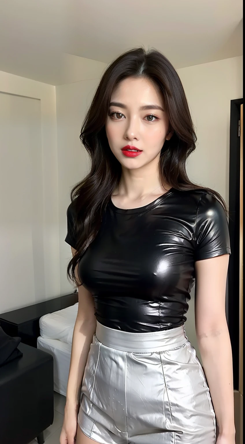 ((top-quality)), long legged, foco nítido:1.2, Beautiful woman with perfect body shape:1.4, Slender Abs:1.1, ((dark brown hair、Colossal tits:1.2)), (Shiny Black Tight T-Shirt, The sheen、Standing Silver Spats:1.4), Detailed face and skin texture, A detailed eye,red lipsticks、Opening Mouth、a room