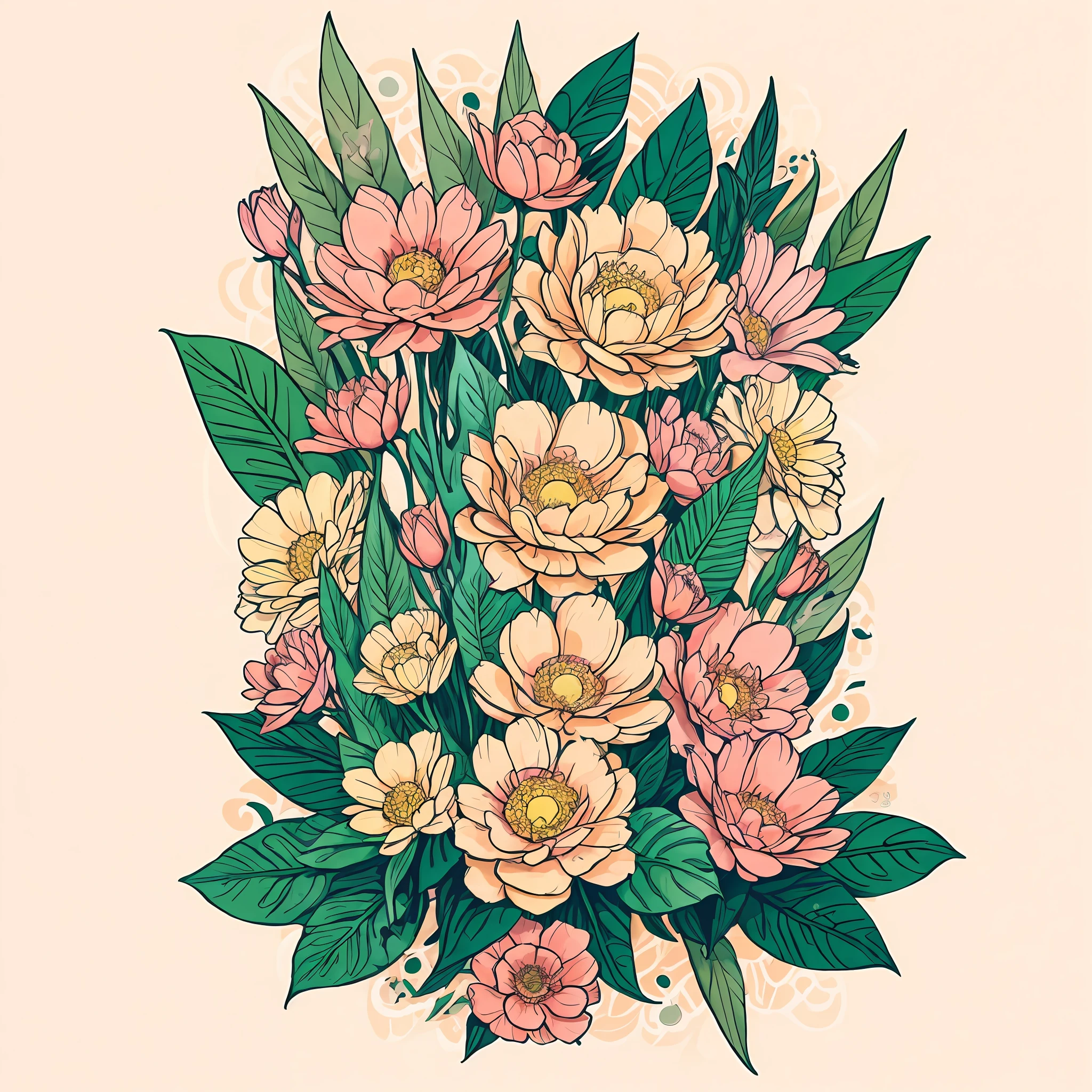 florals,Printing,Soft beige,pastel pink,Tropical plants,flatillustration,Maximalism,Bright color scheme