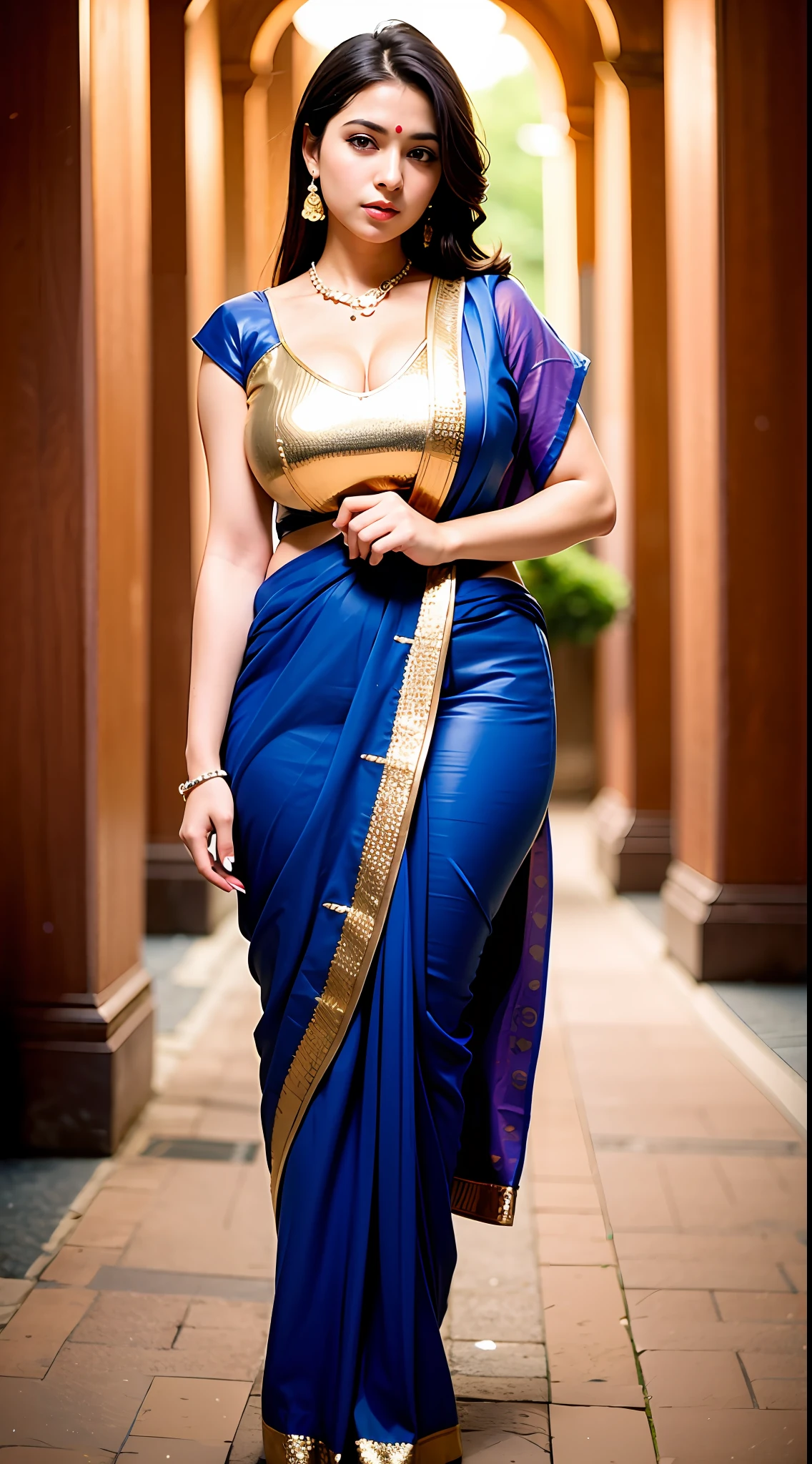 wear Saree, full body covered, a bindi on the center of the forehead, gorgeous royal temple, jewelry, gem, necklace, gold bracelet, anklets, thick lips, hands on lips, skindentation, parted lips, (detailed eyes), (seductive pose), ulzzang-6500-v1.1, (large breast:1.2), , thick eyelashes, long eyelashes, random hairstyles, full body photo, 25 year Indian girl, curvy, feminine curves, super sexy, feminine curves, medium soft breasts, big ass, full body photo, HDR, shallow depth of field, broad light, backlighting, bloom, light sparkles, chromatic aberration, dynamic pose, sharp focus, Nikon Z 85mm, unparalleled masterpiece, ultra-realistic 8k photos, best quality masterpiece, best quality, (photorealistic:1.2), (realistic:1.5), (hyperrealistic:1.2), uhd, shot from random directions