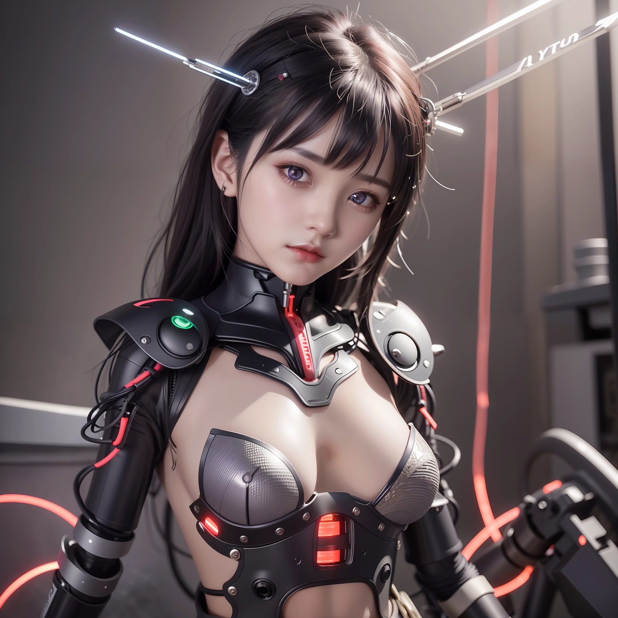 Top Quality, Masterpiece, Ultra High Resolution, (Photorealistic: 1.4), Raw Photo, 1 Girl, Black Hair, Glossy Skin, 1 Mechanical Girl, (Ultra Realistic Details)), Portrait, Global Illumination, Shadows, Octane Rendering, 8K, Ultra Sharp, Big, Cleavage Exposed Raw Skin, Metal, Intricate Ornament Details, Egyptian Details, Very intricate details, realistic light, CGSoation trend, purple eyes, glowing eyes, facing the camera, neon details, mechanical limbs, blood vessels connected to the tube, mechanical vertebrae attached to the back, mechanical cervical attachment to the neck, sitting, wires and cables connecting to the head, evangelion, small LED lamp,