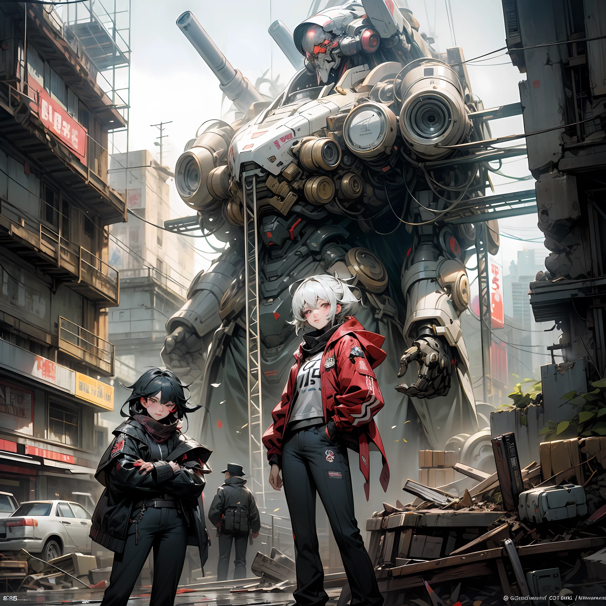 Anime boy wearing mustache and military pants and jacket next to a giant robot in a destroyed city, arte no estilo de guweiz, Trend at CGSTATION, guweiz, por Russell Dongjun Lu, arte digital de anime cyberpunk, ross tran 8 k, guweiz no artstation pixiv --auto