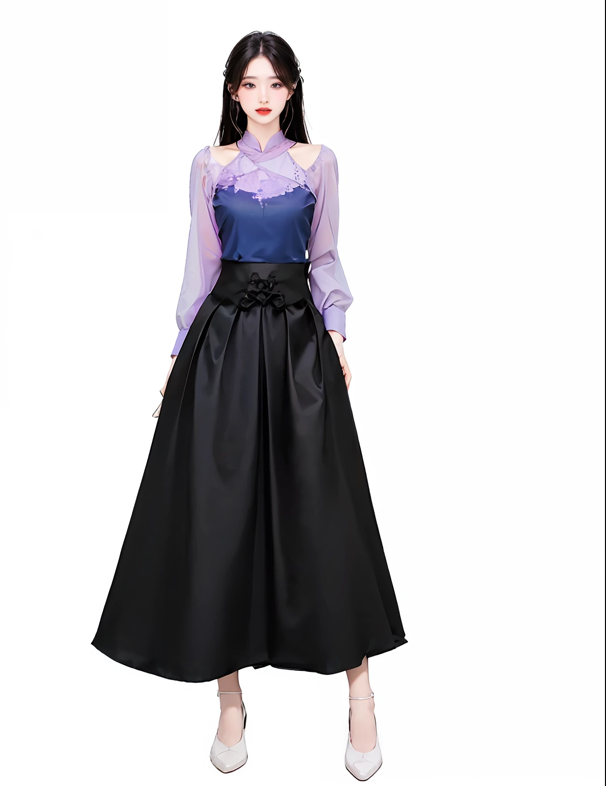 A woman wearing a black dress and a purple blouse, Women's long skirt, Femme, high-waist-black-skirt, rendering, Graceful and colorful, full - length view, Purple and black clothes, digital art of an elegant, dressed in long fluent skirt, Fashion clothing, wide leg hakama trousers, modern maximalist fashion dress, Wear a long pink or purple dress --- IM2