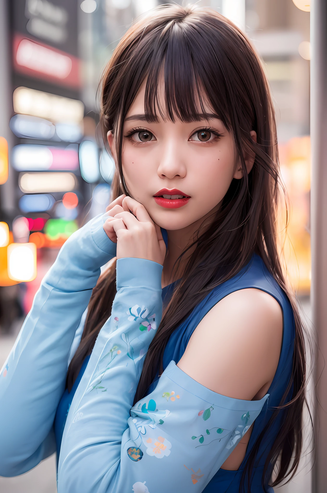top-quality、8K、Raw foto、A hyper-realistic、masterpiece:1.2、Professional Light、F1.8、(colourfull)、Red-black shades、
1girl in、red-lips、Red eyes
Look at the viewer、Facial Highlights、The upper part of the body、a closeup、
城市、natta、on tokyo street、