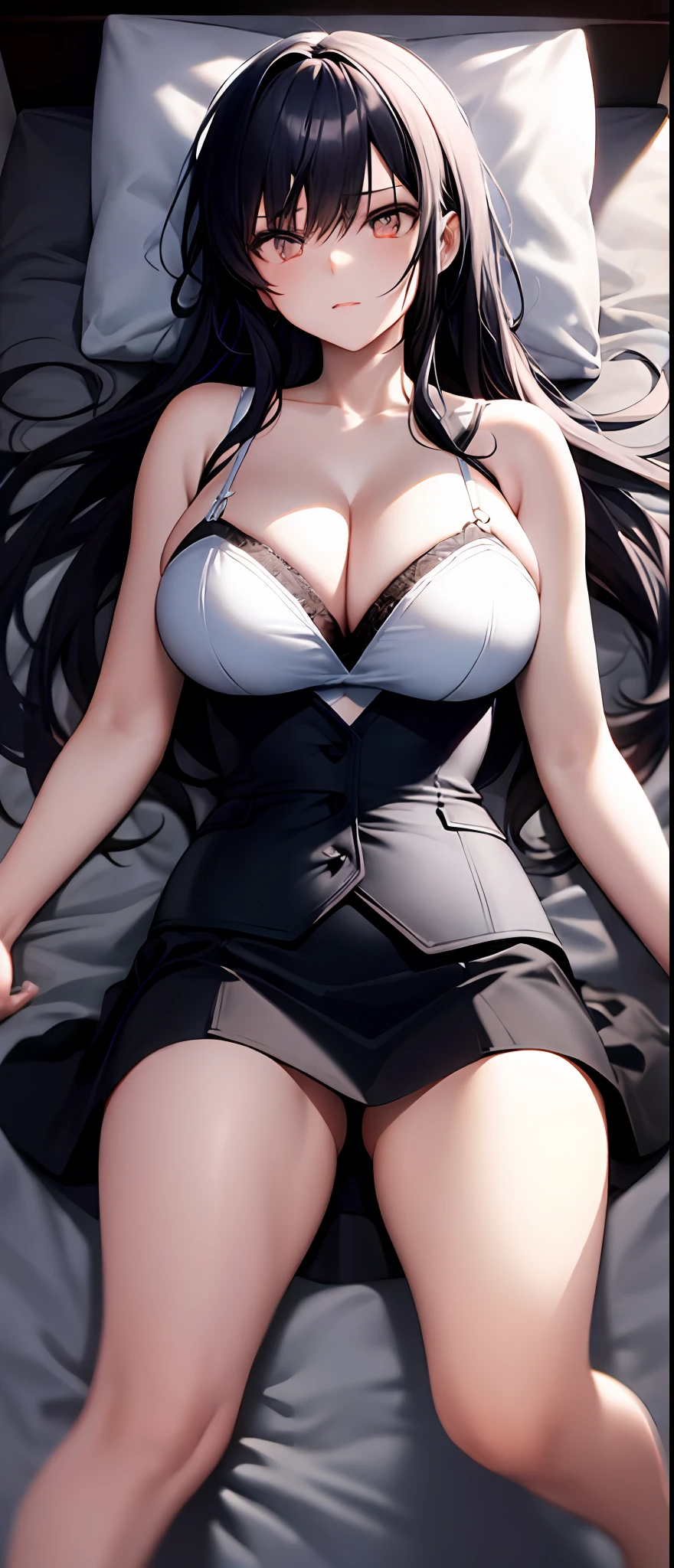 A girl,Long black hair,Raised sexy,JK skirt,Lori huge breasts cleavage,Young and energetic,quadratic element,spread their legs,Lie down in bed,Exquisite facial features,Eyes seductive,Sexy and enchanting,Femme and moving,adolable,Excellent image quality,4K