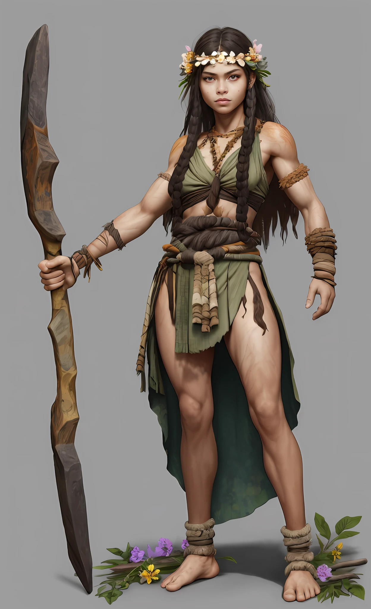 (1 beautiful girl)，Full body like，Stone Age，Primitive barbarian style，highly details eye,  Stoic barbarians with visible pupils, （flowers dress，flower headband），long leges，Skins，Primitive barbarian style，highly detailed eye、detailized face，Full body standing painting，white backgrounid，tmasterpiece，best qualtiy，Best resolution，8K