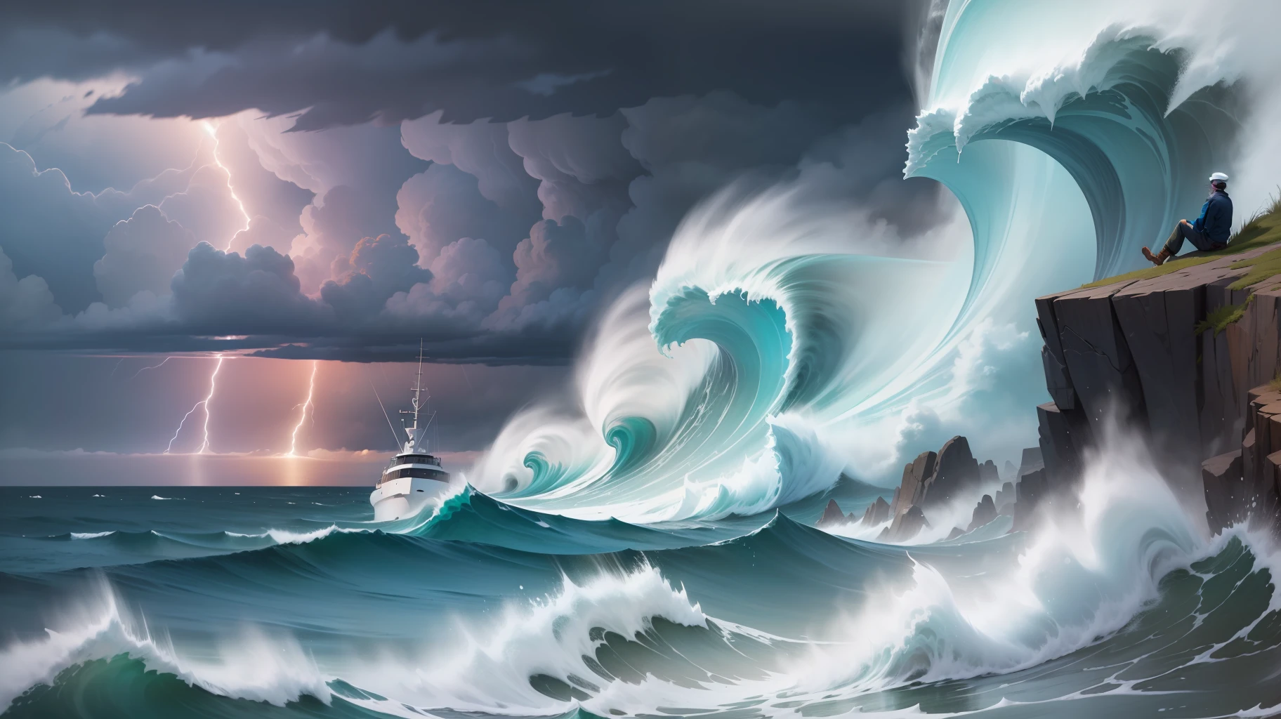 shot of the back of a man at the top of a cliff facing the raging sea, waves, dressed in a navy blue sailor cap, a sailor top, blue jeans, rubber boots, a long-haired dog sitting next to the man, on the horizon a fishing boat in the storm, rainy weather, dark cloudy sky, detailed, ultra high definition, 32k