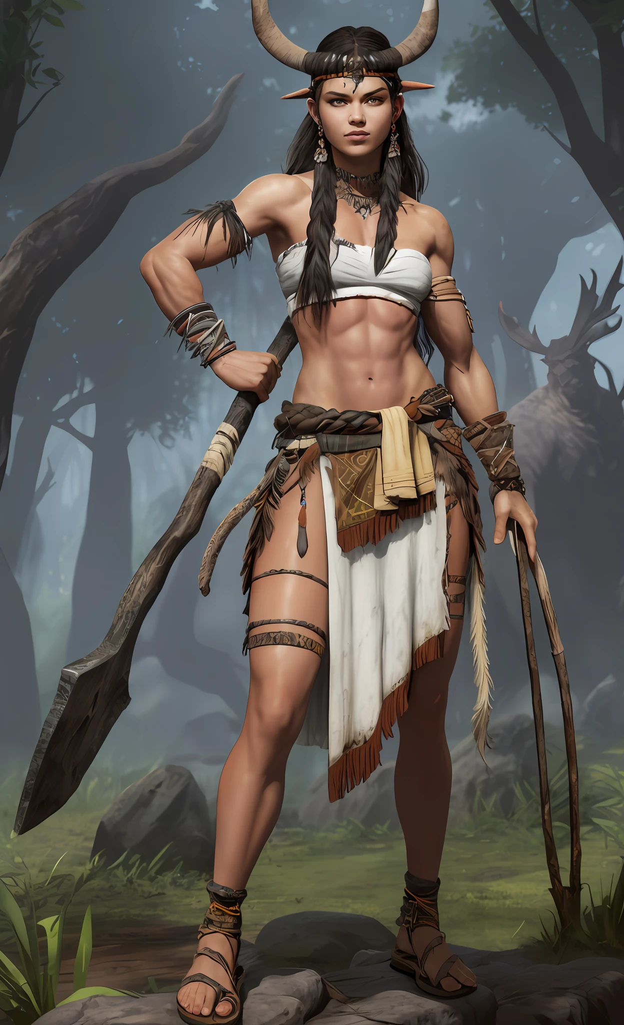 (1 beautiful girl)，Full body like，Stone Age，Primitive barbarian style，highly details eye, Stoic barbarians with visible pupils, （Bandeau top，Animal skin skirt，long  skirt，sandals），long leges，Animal skin clothing，Primitive barbarian style，highly detailed eye、detailized face，Full body standing painting，white backgrounid，tmasterpiece，best qualtiy，Best resolution，8K