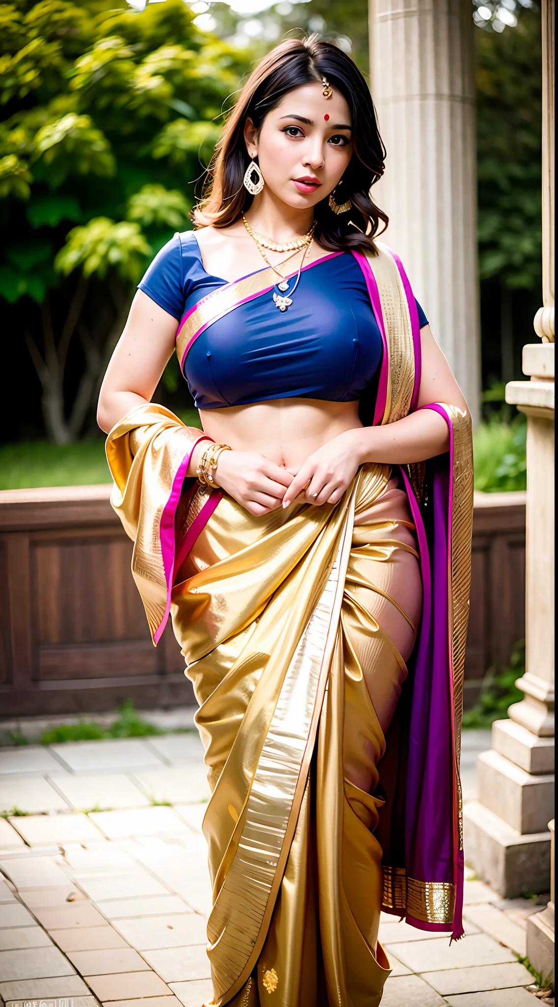 wear Saree, full body covered, a bindi on the center of the forehead, gorgeous royal temple, jewelry, gem, necklace, gold bracelet, anklets, thick lips, hands on lips, skindentation, parted lips, (detailed eyes), (seductive pose), ulzzang-6500-v1.1, (large breast:1.2), , thick eyelashes, long eyelashes, random hairstyles, full body photo, 25 year Indian girl, curvy, feminine curves, super sexy, feminine curves, medium soft breasts, big ass, full body photo, HDR, shallow depth of field, broad light, backlighting, bloom, light sparkles, chromatic aberration, dynamic pose, sharp focus, Nikon Z 85mm, unparalleled masterpiece, ultra-realistic 8k photos, best quality masterpiece, best quality, (photorealistic:1.2), (realistic:1.5), (hyperrealistic:1.2), uhd, shot from random directions