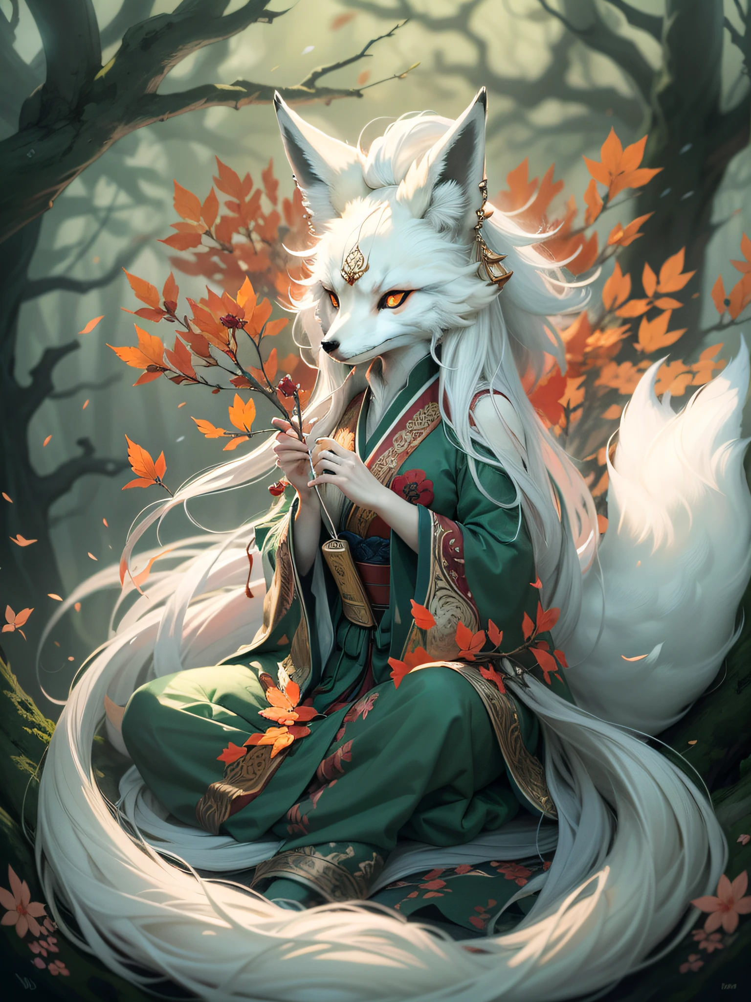 Drawing of a fox with white hair sitting on a branch, ethereal fox, nine-tailed fox, fox three-tailed fox, onmyoji detailed art, nine-tailed, beautiful artwork illustration, mythological creature, fox, beautiful Digital artwork, exquisite digital illustrations, mizutsune, inspired by mythical creatures Wildnet, digital art on pixiv, strong light, high contrast, horror movie theme, dark atmosphere