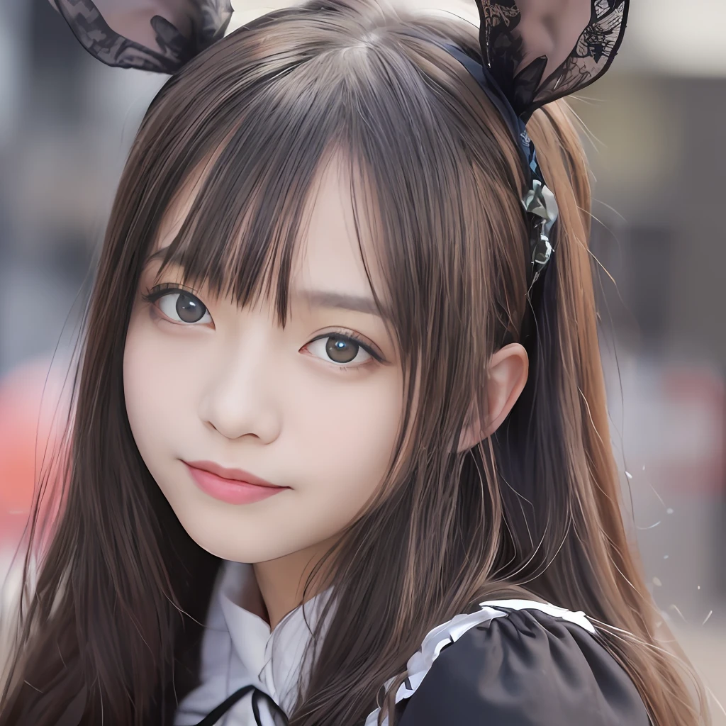 ((top-quality、8k、masterpiece:1.3))、1girl in、full bodyesbian、Slim Faces、Pretty women、(Dark brown long hair)hyperdetailed face、A detailed eye、二重まぶた、blured background、Slim Faces、城市、takeout、a street、Highly detailed facial and skin texture、A detailed eye、二重まぶた、a smile:1.5、、(Rabbit ears)(Gothic ta、Metal Color、blanche、Plata、A black、pink there)、(maid clothes、Metal Color)(huge tit:1.3)、(nippless)