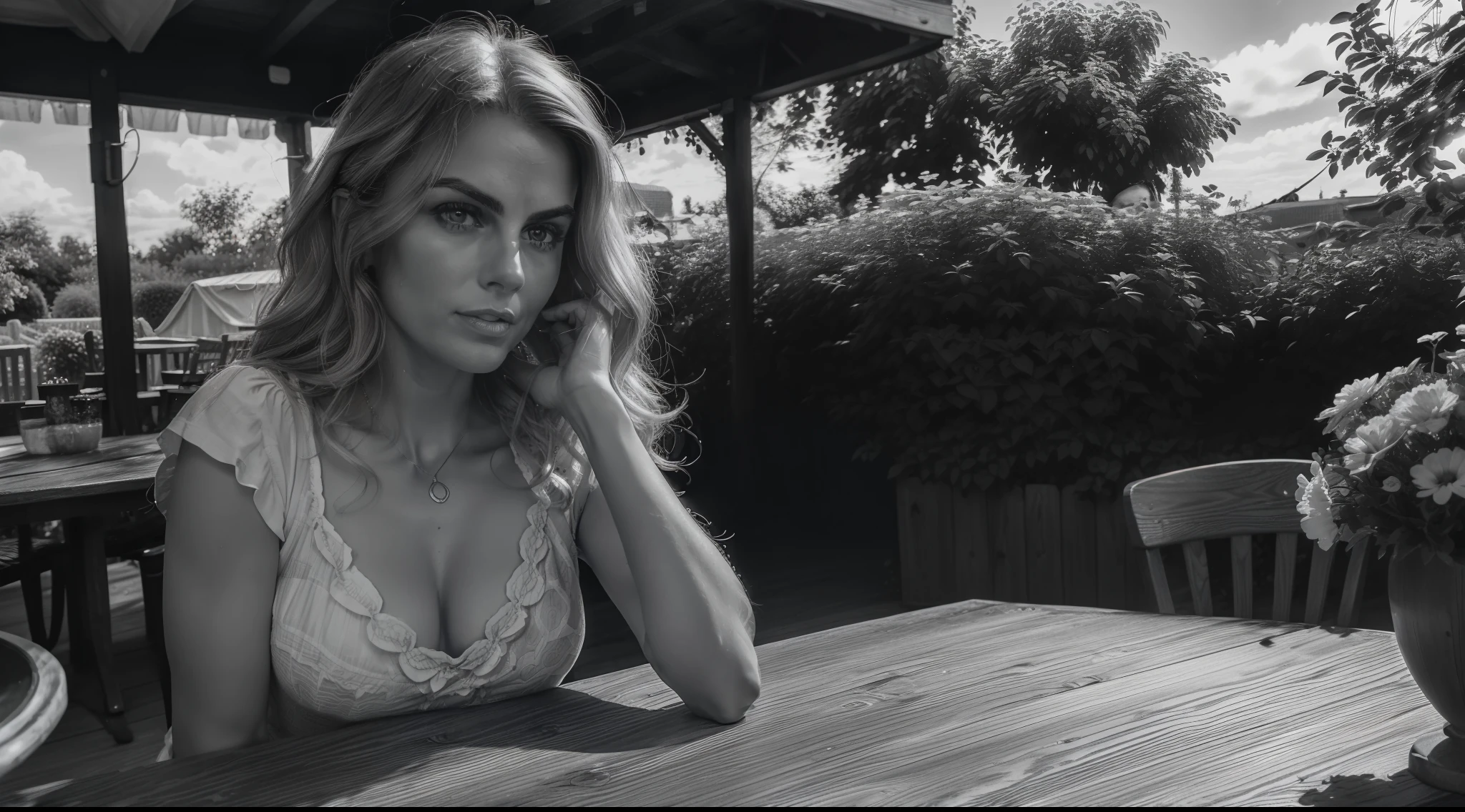 CHARACTER: (01 Canadian woman | striking resemblance to Keri Russel | 44 years old | alone | wearing casual clothes | blonder curly hair | beautiful face | best eyes | penetrative eyes | best mouth | perfect face ) ACTION: (she is having breakfast) PLACE (in the garden | flowers | wooden table) QUALITY: (masterpice | UHD 12K | photo realism | real texture | artificial light | dramatic photo | cinematic quality | analog) EFFECTS: (monochrome photography | black and white | greyscale | high contrast | film grain | white balances | deep black | equalized exposure | warm white 3000k | sooth shadows | sharp focus ) EQUIPMENT: (Arri Alexa Sxt Plus) P. O.V.: (profile shot | full shot )
