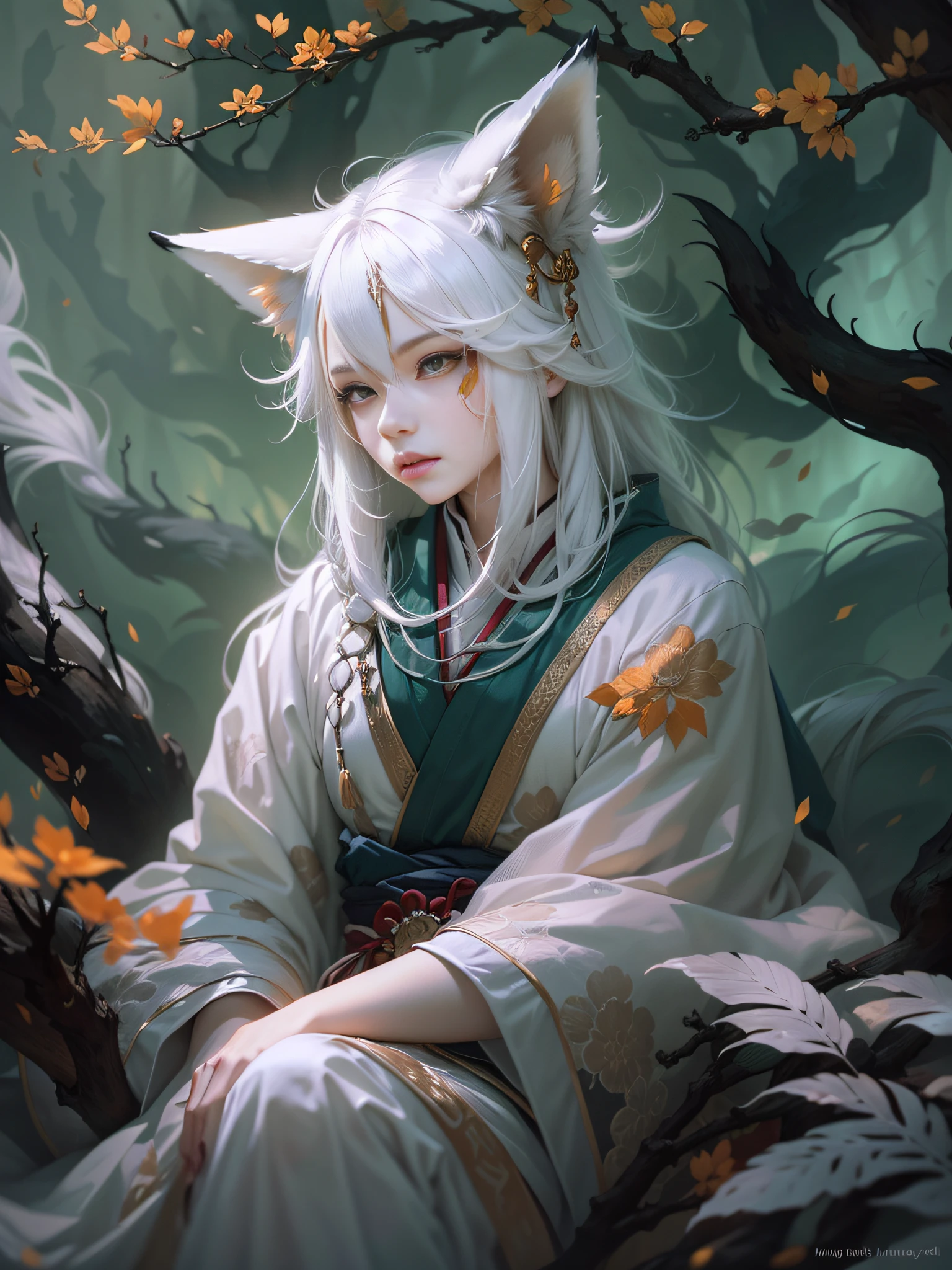 Drawing of a fox with white hair sitting on a branch, ethereal fox, nine-tailed fox, fox three-tailed fox, onmyoji detailed art, nine-tailed, beautiful artwork illustration, mythological creature, fox, beautiful Digital artwork, exquisite digital illustrations, mizutsune, inspired by mythical creatures Wildnet, digital art on pixiv, strong light, high contrast, horror movie theme, dark atmosphere