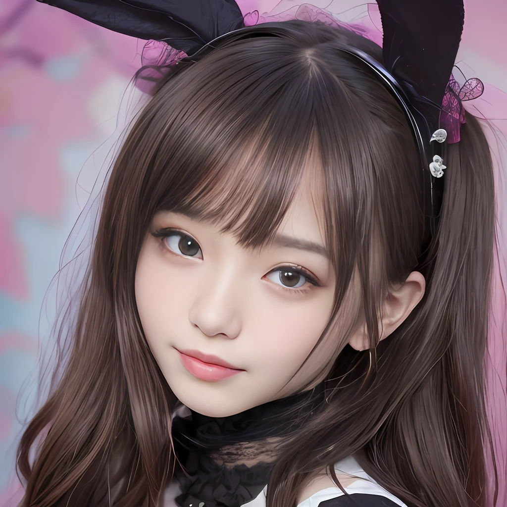 ((top-quality、8k、masterpiece:1.3))、1girl in、full bodyesbian、Slim Faces、Pretty women、(Dark brown long hair)hyperdetailed face、A detailed eye、二重まぶた、blured background、Slim Faces、城市、takeout、a street、Highly detailed facial and skin texture、A detailed eye、二重まぶた、a smile:1.5、、(Rabbit ears)(Gothic lolita、Metal Color、blanche、Plata、A black、pink there)、(maid clothes、Metal Color)(huge tit:1.3)、(nippless)