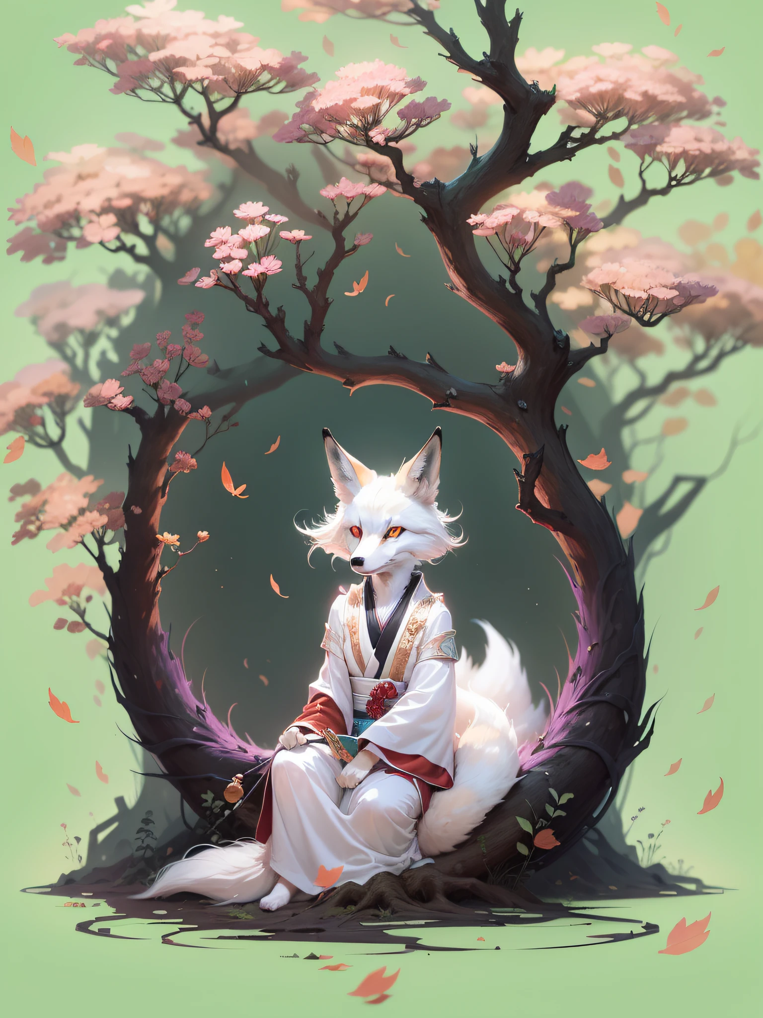 Drawing of a fox with white hair sitting on a branch, ethereal fox, nine-tailed fox, fox three-tailed fox, onmyoji detailed art, nine-tailed, beautiful artwork illustration, mythological creature, fox, beautiful Digital artwork, exquisite digital illustrations, mizutsune, inspired by mythical creatures Wildnet, digital art on pixiv, strong light, high contrast, horror movie theme, dark atmosphere