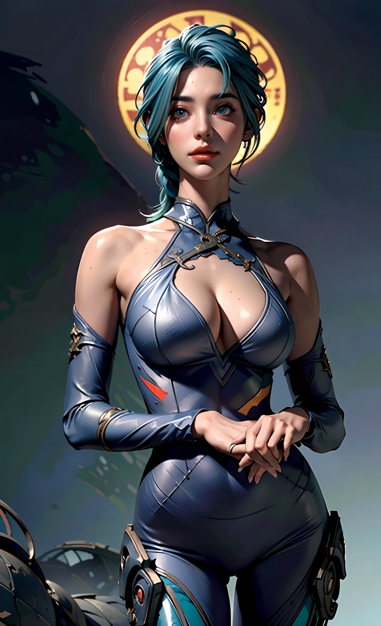 ((A tall girl holds her hands in front of her, Prays)), peeking out from under his forehead, (Slim_thights:1.3), ((Average Breasts)), Slender_thights, aqua hair, 1girl, 独奏, (shapely body:1.4), generous cleavage, Skinny, detailed anatomy, the perfect body, Detailed body, detailized face, Beautiful anatomical eyes. ((Anthony)), (ruined city in the background), Very detailed, (Gloomy color scheme:1.5), Intricately detailed art, Artstation's Detailed Triadic Color Trend in Unreal Engine 5, 8K resolution, deviantart masterpiece.