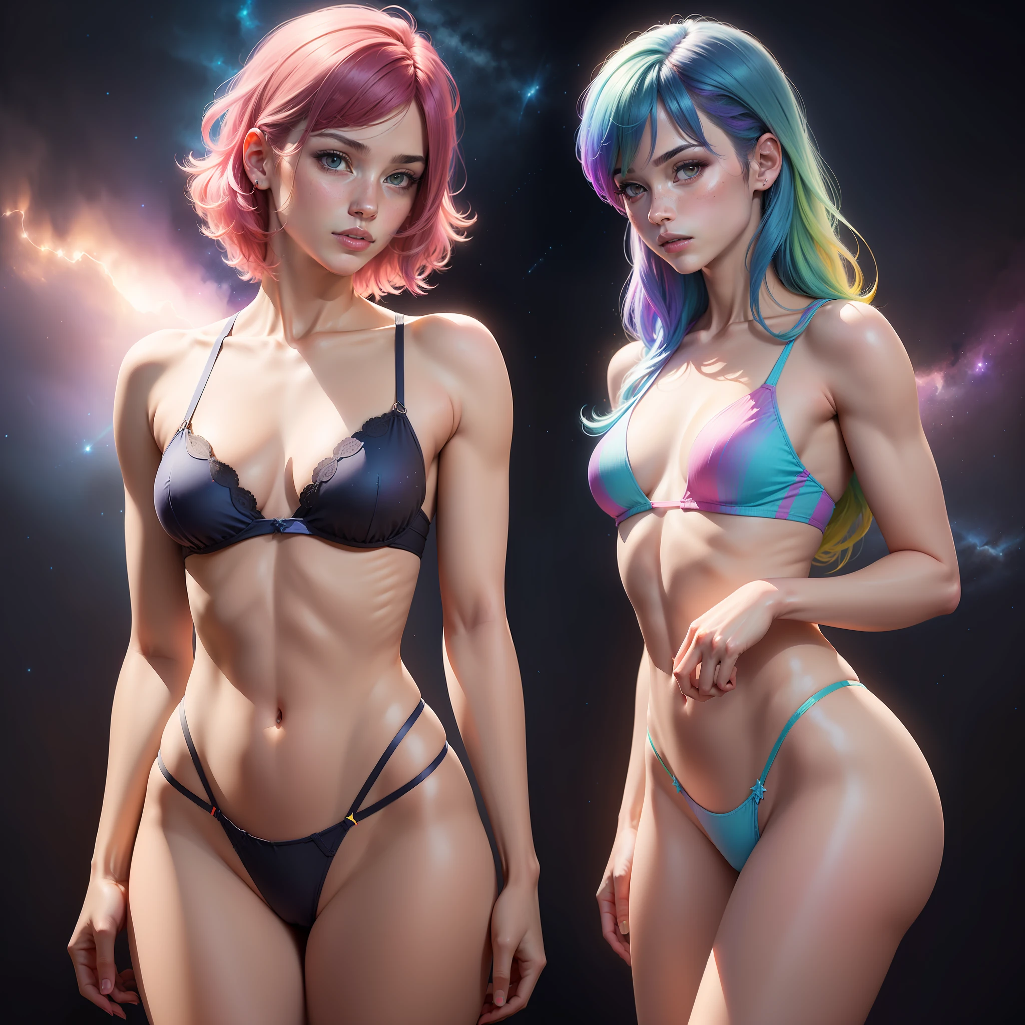 ((best quality)), ((masterpiece)), ((realistic)) and watercolor drawing of a girl with light colors. She has ((rainbow hair)), wears a (small micro thong: star motif ), ((Beautiful and Aesthetic)), muscular, sexy, Lower Breasts, Hottie, (full star sky background) (light background:1.80), (Particles, Firefly, bright blue):1.3 ((8k))