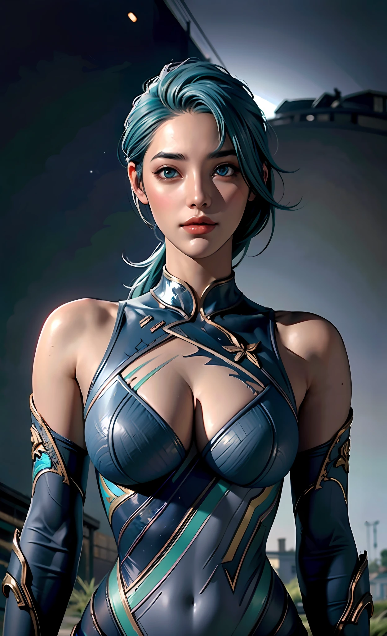 ((A tall girl holds her hands in front of her, Prays)), peeking out from under his forehead, (Slim_thights:1.3), ((Average Breasts)), Slender_thights, aqua hair, 1girl, 独奏, (shapely body:1.4), generous cleavage, Skinny, detailed anatomy, the perfect body, Detailed body, detailized face, Beautiful anatomical eyes. ((Anthony)), (ruined city in the background), Very detailed, (Gloomy color scheme:1.5), Intricately detailed art, Artstation's Detailed Triadic Color Trend in Unreal Engine 5, 8K resolution, deviantart masterpiece.