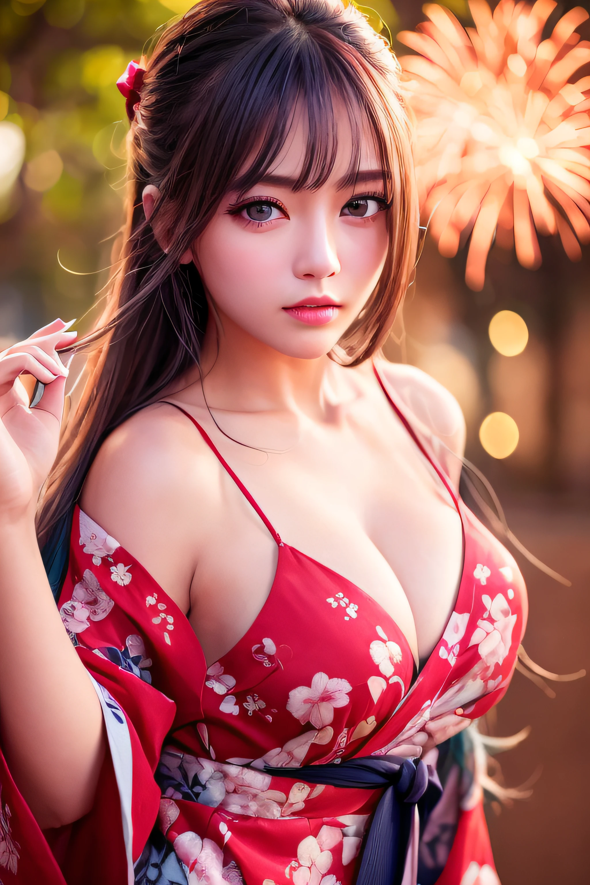 ((masterpiece、top-quality、ultra-definition、hight resolution))、独奏、a beauty girl、radiant eyes、perfect eyes、Fluttering chest、cleavage of the breast、Yukata with red floral pattern、Fireworks in the background
