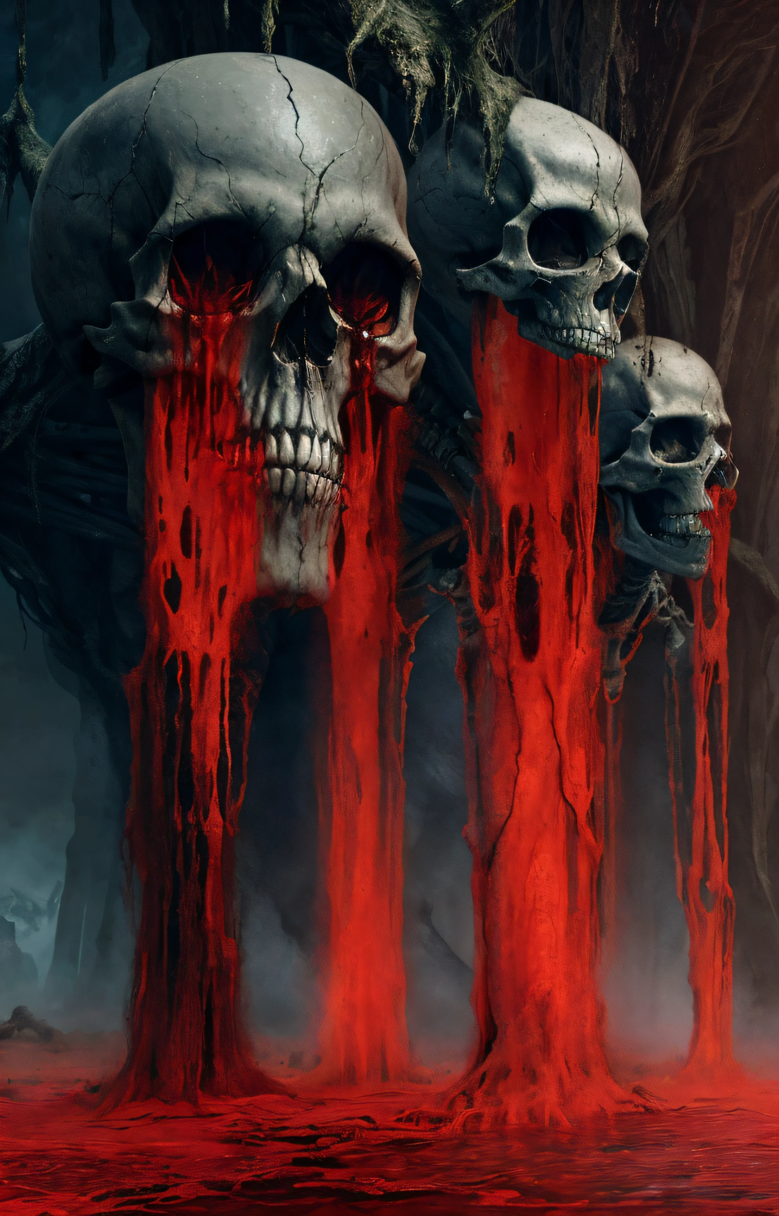 dystopian,Zdzisław Beksiński style,Black Skull Cave,Rained,up-close,Grandiose scenes,Marvel at the scene,Black metal skeleton zombie man,Wide shot, From below, From behind, Dutch angle,Blood flow,Scary atmosphere,Spooky atmosphere,MuCoi,Ultra-wide angle, Sony FE GM,Rivers of blood flow,River of blood,The skeleton bleeds,Bleeding from the eye socket bone,Bleeding from the bones of the mouth,Bleeding from the bones of the nostrils
