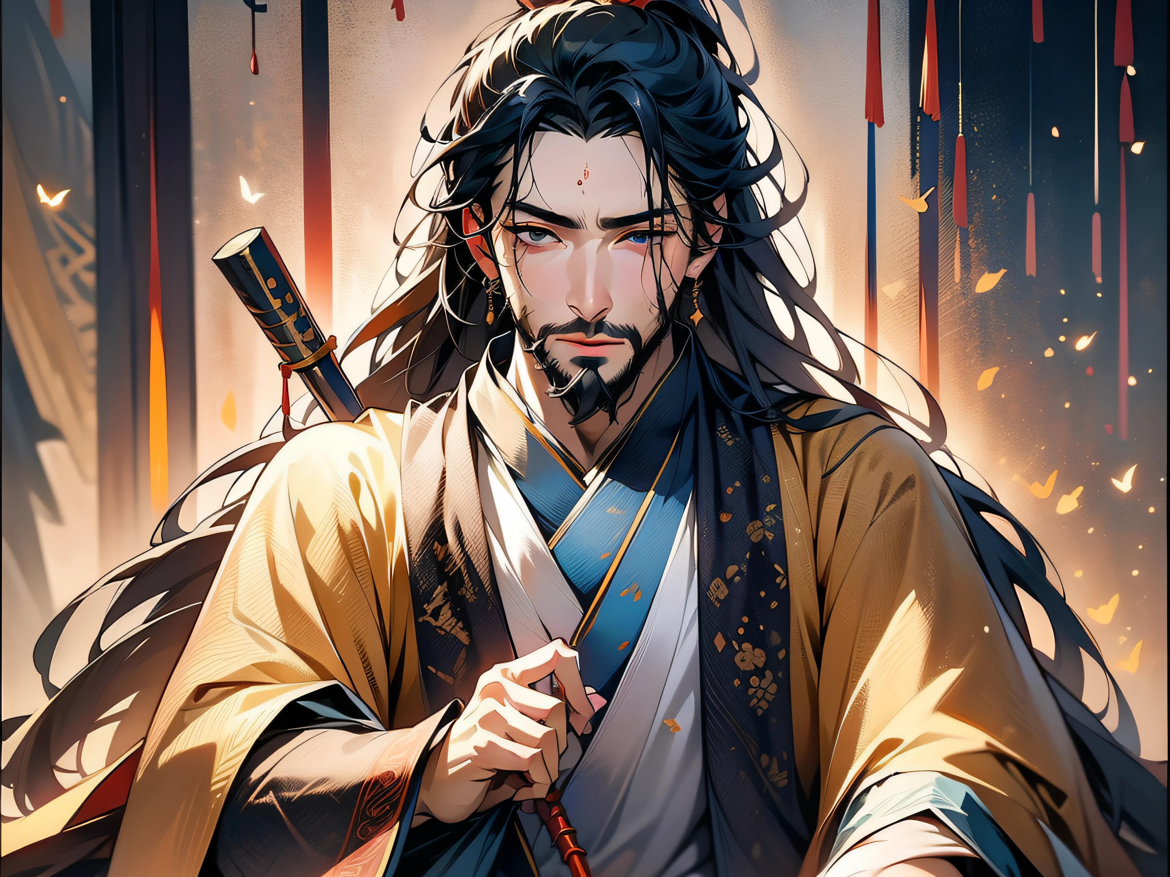 A scruffy Taoist priest appears in the picture。He wore a shabby gray robe,Covered with stains and patches。The Taoist priest's hair was disheveled,The long beard hangs haphazardly on the chest。His face was covered in dirt and dust,It looks like I haven't washed my face for a long time。The Taoist priest's eyes looked confused and dull,It's as if immersed in your own thoughts。He was holding a wooden staff,