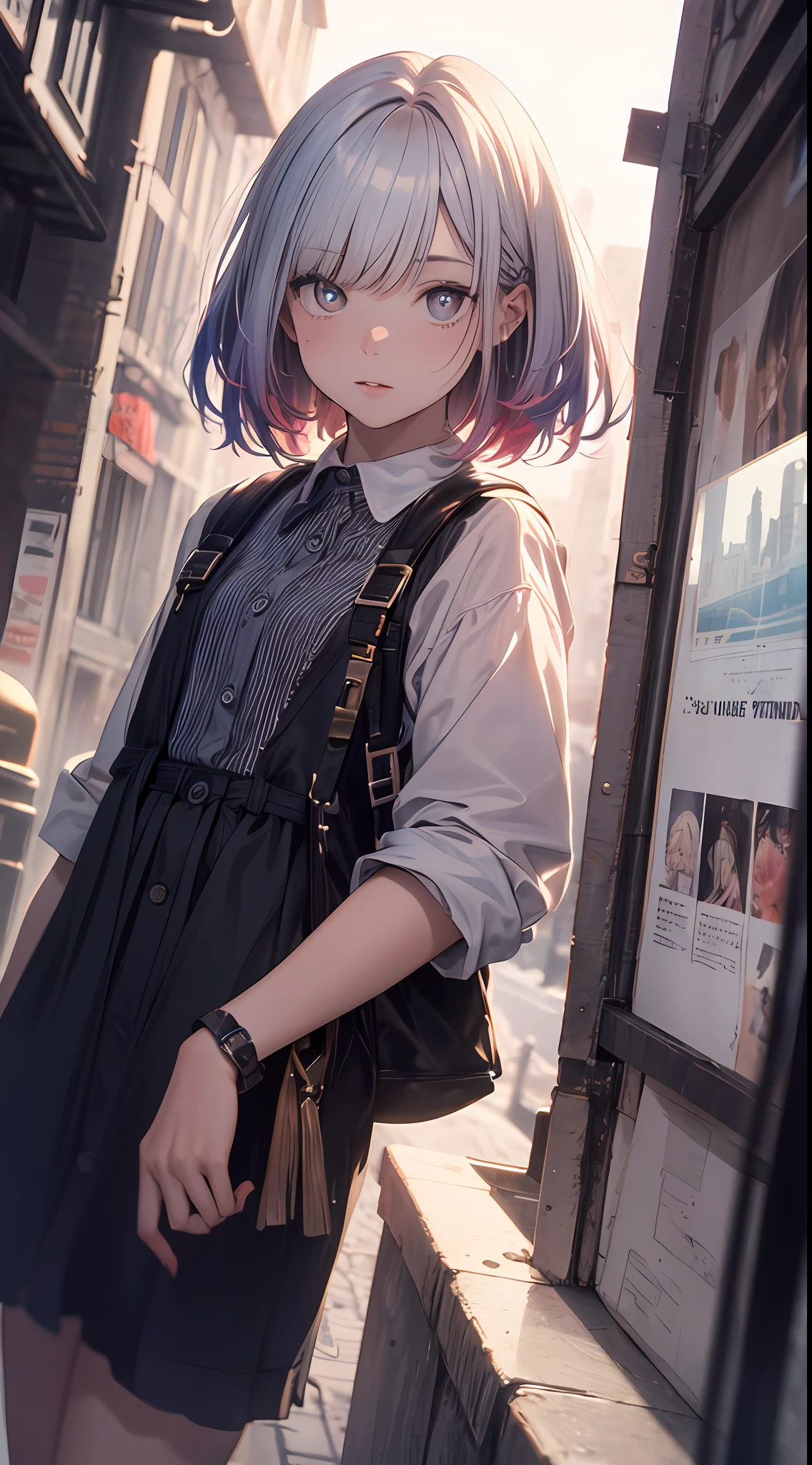 NY, (gradient hair, dutch angle:1.3), film grain, chromatic aberration, city, masterpiece, best quality, raw photo, photorealistic, absurdres, 1girl, cute, perspective, cowboy shot, highres, ultra detailed, detailed eyes and face, sharp pupils, realistic pupils, sharp focus, summer, night,