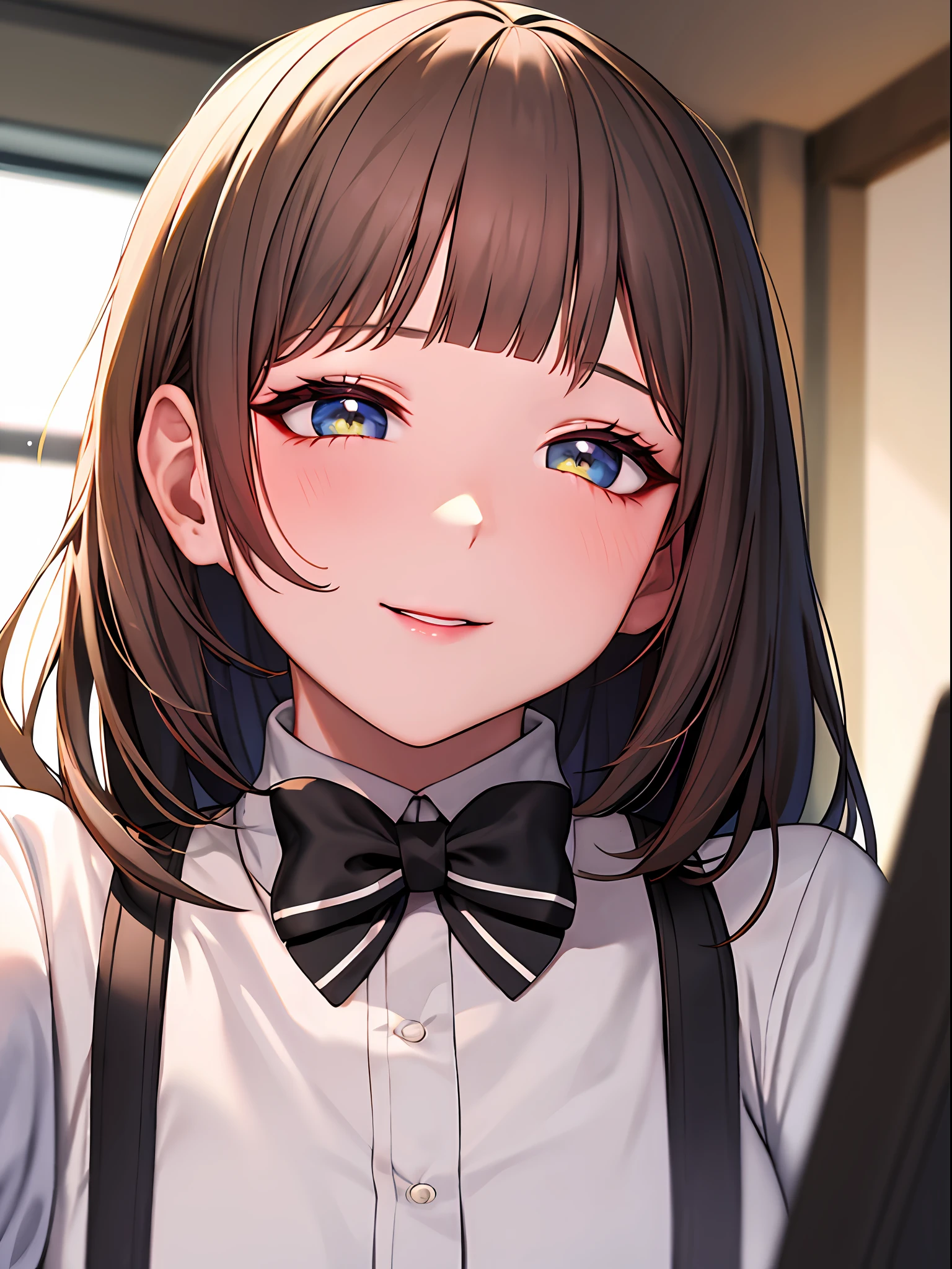 ahegao silly / sexual ecstasy)、女の子1人、White shirt、a matural female、Blunt bangs、the bow、a picture、realisticlying、top-quality、adopt、A detailed face、s Office、Building from the window、细致背景、diffuse sunlight、depth of fields、Bokeh