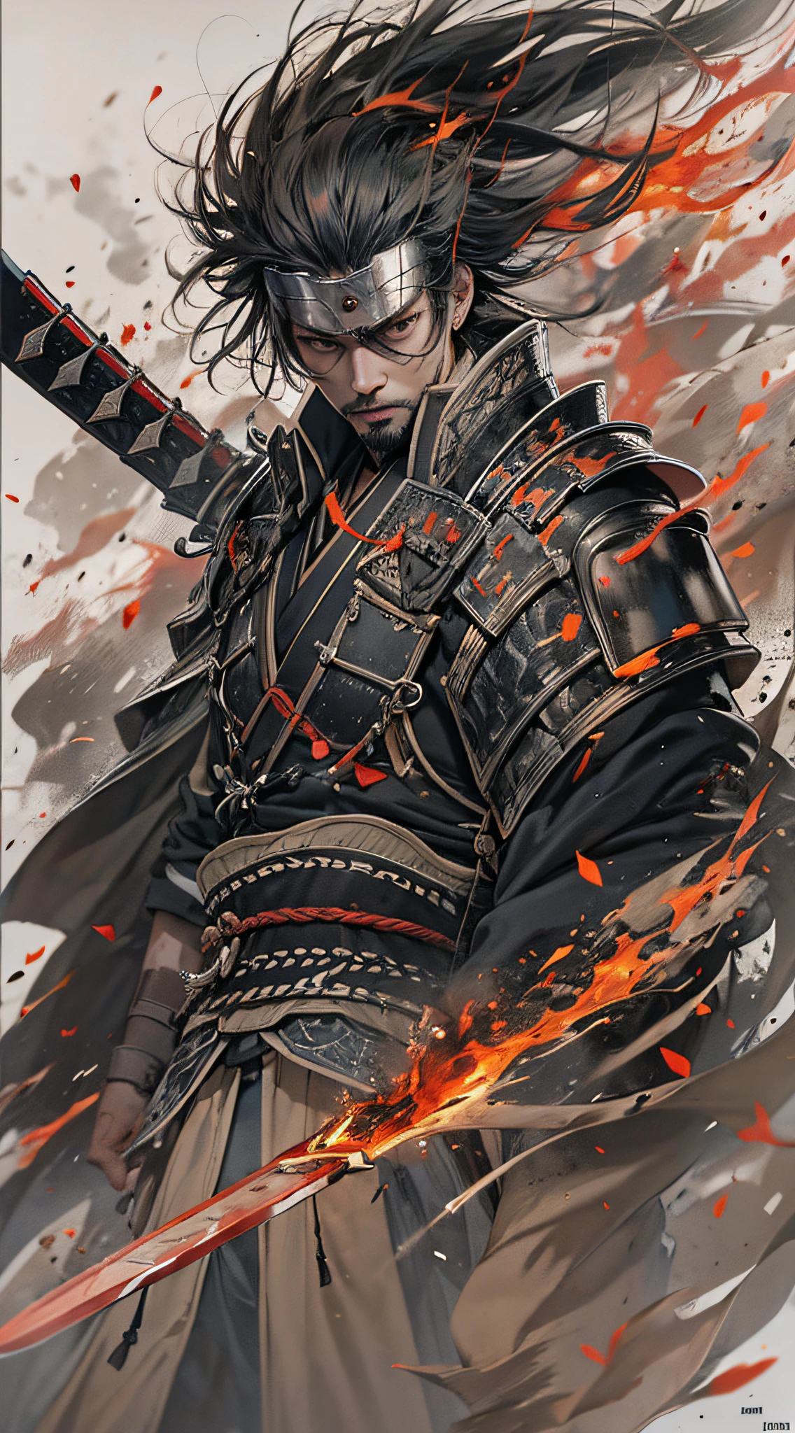 Ink wind，Ink strokes，Male samurai，Hairline，Armor black，red tint，Long knives，Broken flag