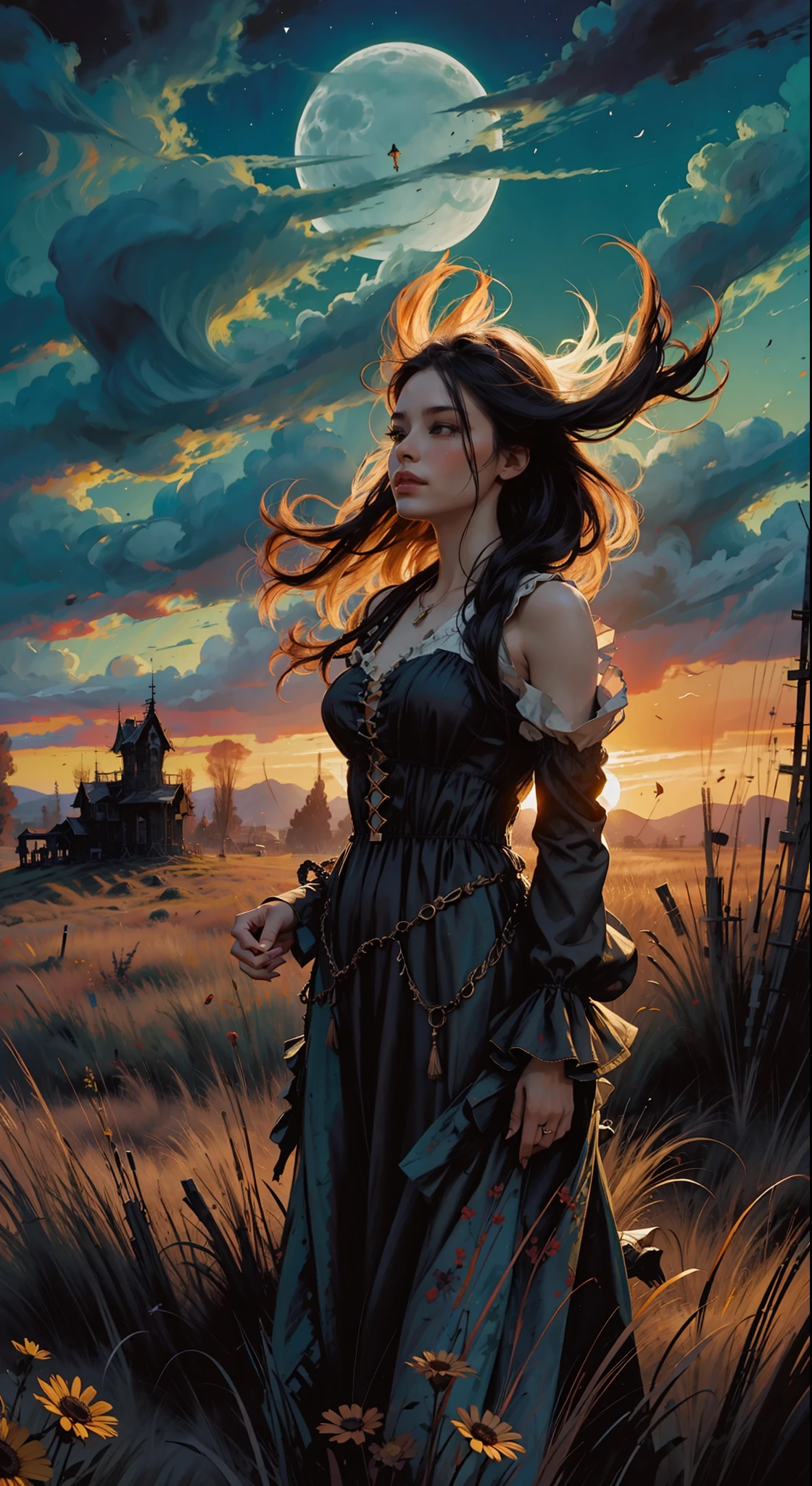BEAUTIFUL COWGIRL girl in the field of flowers At sunset in high detail, dancing outdoors happily, with long black dress and long hair blowing in the wind, scene at sunset forming a slight silhouette with beautiful contours and details of sunlight illuminating the girl, she seems to be dancing free ballet in the vastness of the flower field at sunset, stunning, highly detailed, 8k, ornate, intricate, cinematic, clear, atmospheric, (oil painting:0.75), (splash art:0.75),(teal:0.2),(orange:0.2),(by Jeremy Mann:0.5),(by John Constable:0.1),(by El Greco:0.5),(acrylic paint:0.75)
dancing outdoors