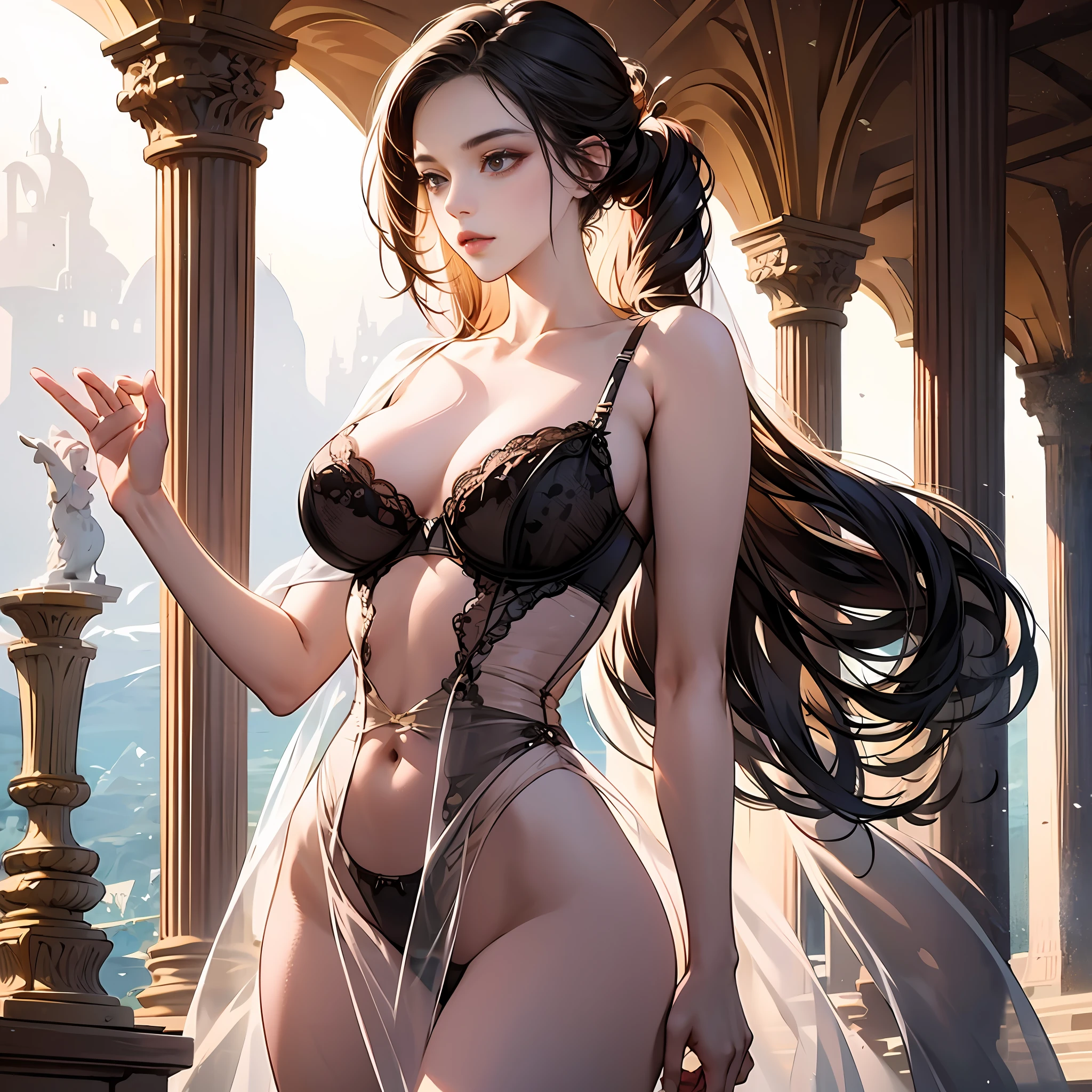Woman gazing at the landscape, glamorous dresses, Spats (Lingerie transparent:1.3), (face flushed:1.0), Serious expression, Detailed face