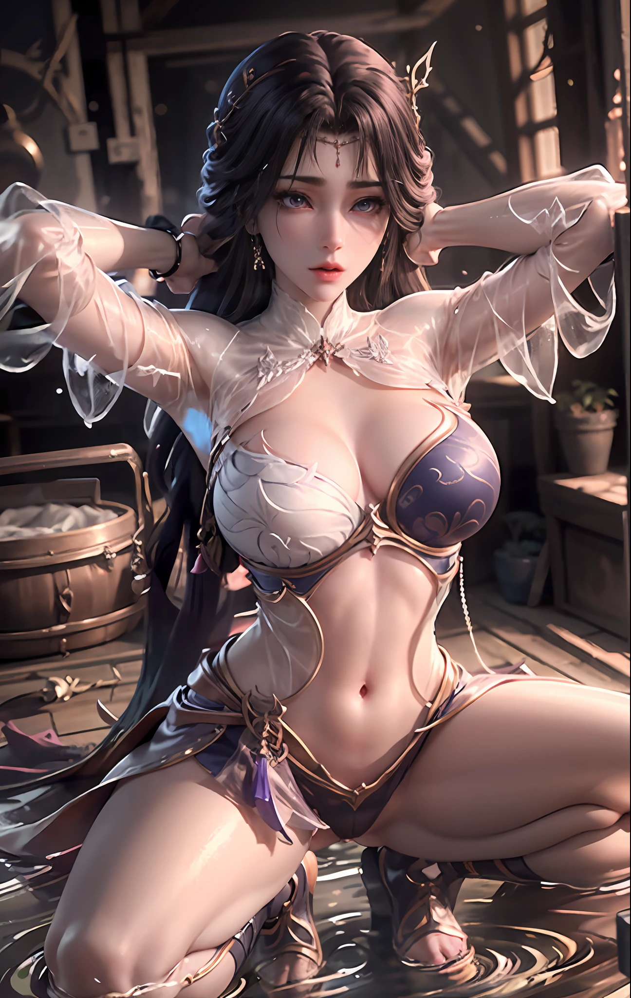 Jeizuo， Awesome， Viewer， reality，full body in shot，on knees， squat down， Brunette Hair， long long hair， Thorough， tall，Forced real water，White less cloth transparent minishirt，White transparent thong，seaside,， RAWExtremely detailed， ahegao， rolling eyes， blushing， Water runs in the mouth，Sticky tongue， Vaginal rundown， Leucorrhoea， Very huge breasts， Grab your breasts with both hands，open the legs， Sexual arousal， sexual expression，shiny glossy skin。