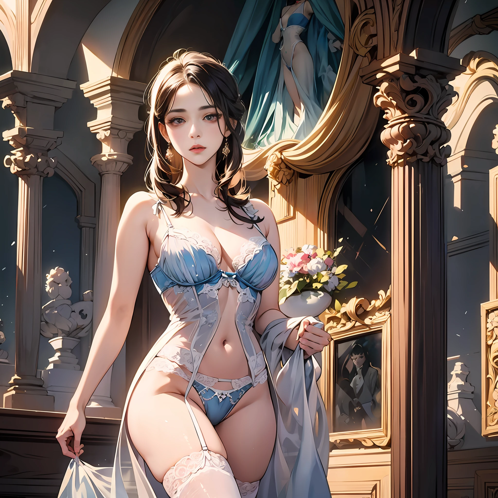 Woman gazing at the landscape, glamorous dresses, Spats (Lingerie transparent:1.3), (face flushed:1.0), Serious expression, Detailed face