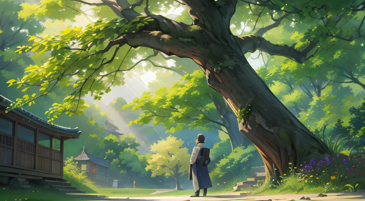 On a sunny day,A man stands on an open grass。He raised his head and looked up at the sky,An expression of serenity and joy on his face。The sun shines on him through the leaves,Mottled light and shadow are formed。Surrounded by lush greenery and flowers,It creates an atmosphere of tranquility and vibrancy。The style is photography,Use a telephoto lens,The focal length is 200mm,to highlight the man's posture and the details of the sky。